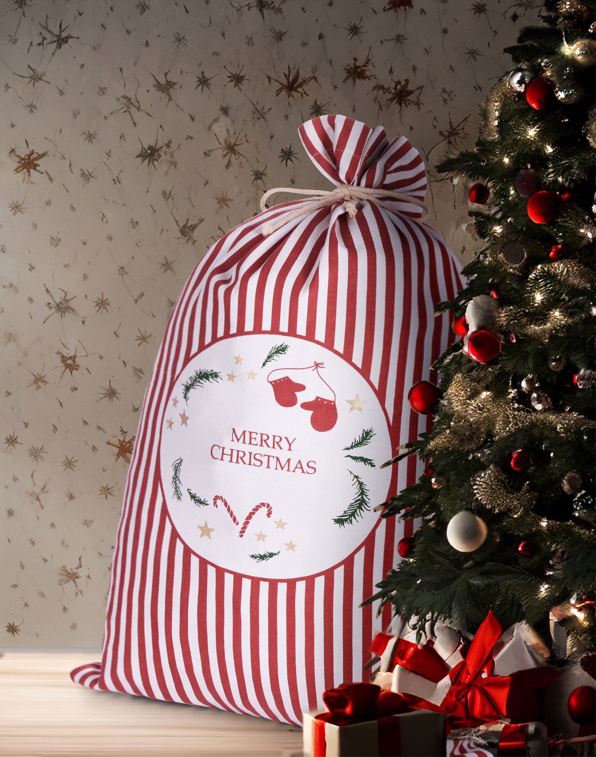 BRUBAKER Aufbewahrungstasche Weihnachtssack Merry Christmas Rot Weiß - 80 cm Geschenksack (1-tlg., Tanne, Sterne, Zuckerstange und Handschuhe), Nikolaussack Sack Baumwolle mit Kordel für Geschenke