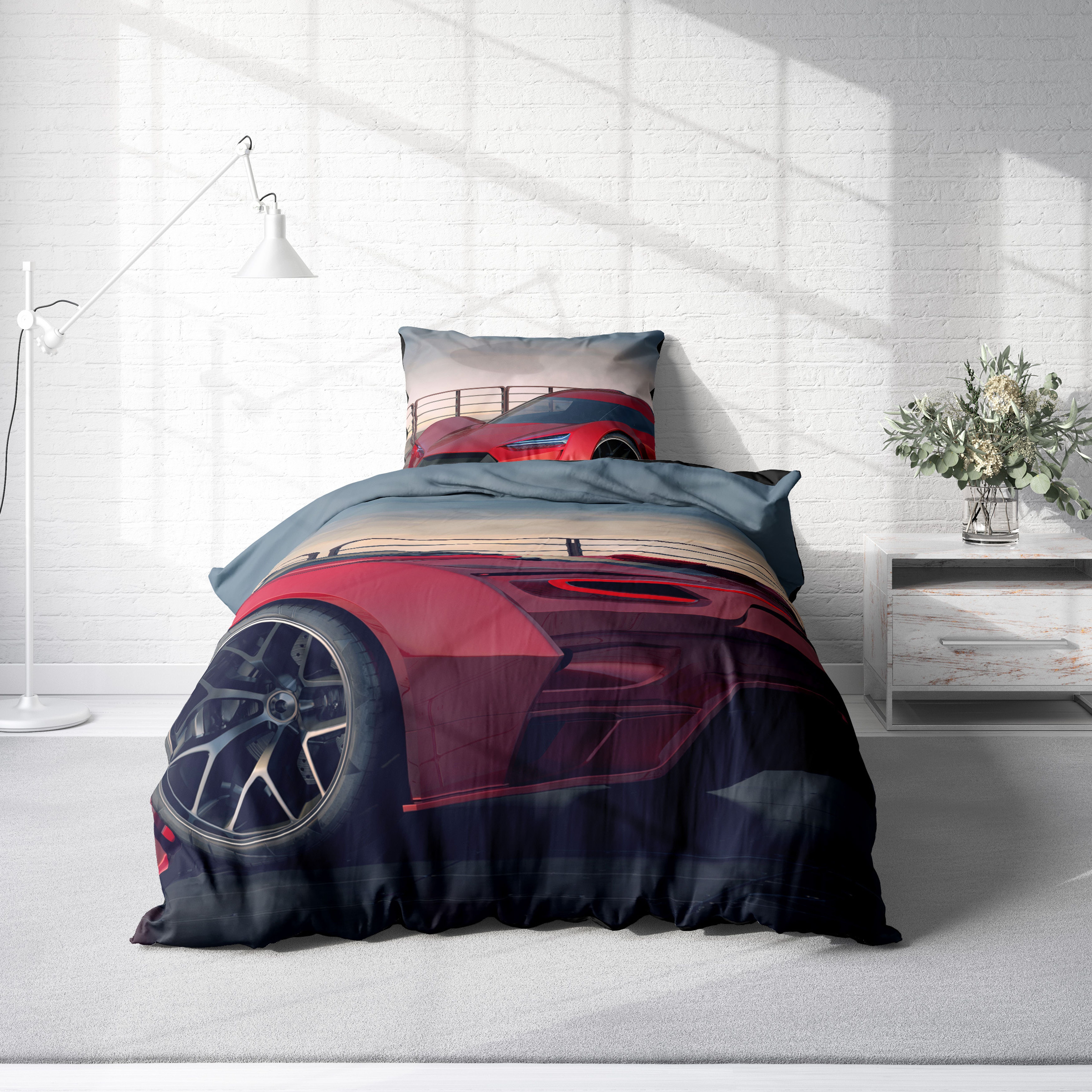 Bettwäsche Rennauto, One Home, Mikrofaser, 2 teilig, Racing Cars Auto, auch geeignet als Kinderbettwäsche