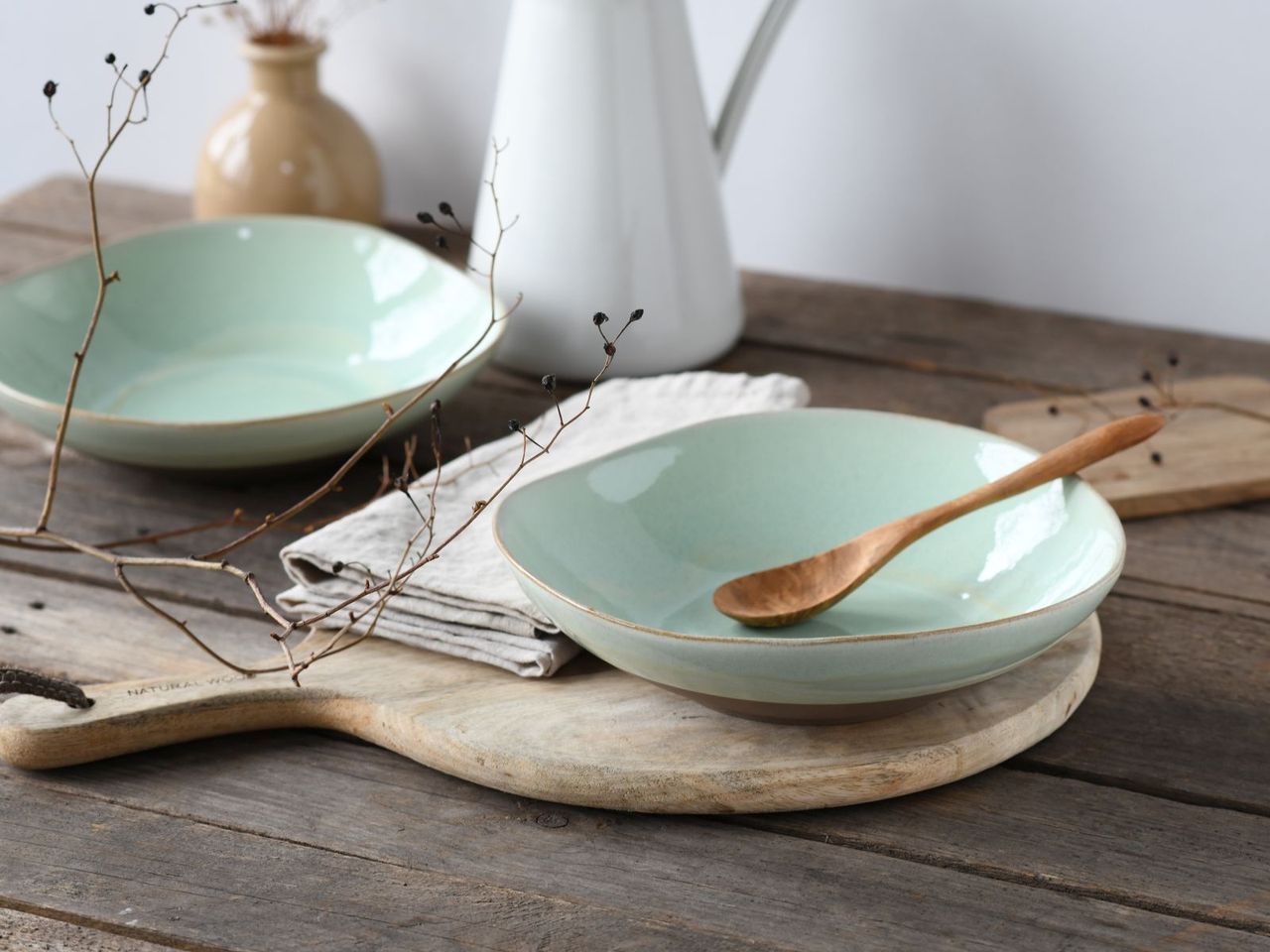 CreaTable Basalt Bowls, Salbei , 2-teiliges Geschirrset, Pastabowl Set aus Steinzeug