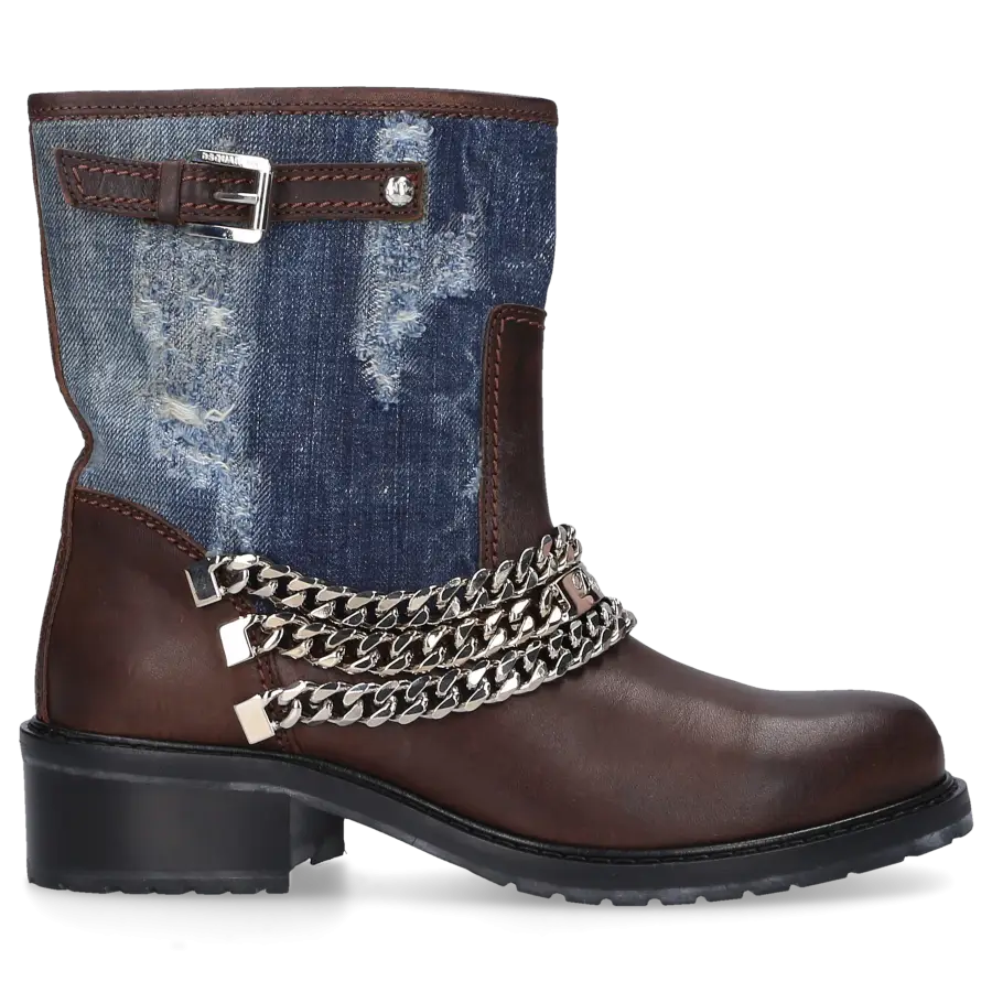 Dsquared2 - Cowboy-/ Bikerstiefeletten Denim Kalbsleder Zierkette Zierschnalle blau braun - braun