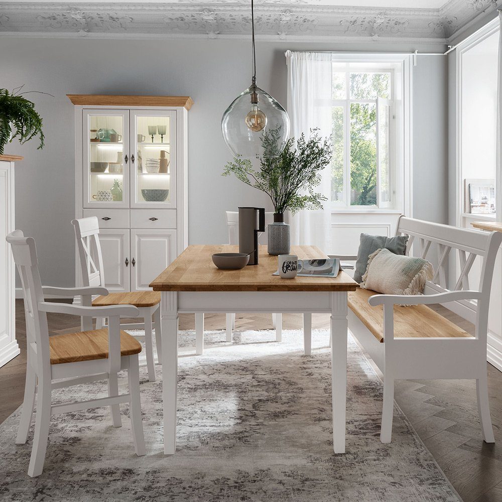 Lomadox Esszimmer-Set ESBJERG-69, (Spar-Set, 5-St), Kiefer weiß lackiert mit Eiche geölt, Landhausstil, inkl. Beleuchtung