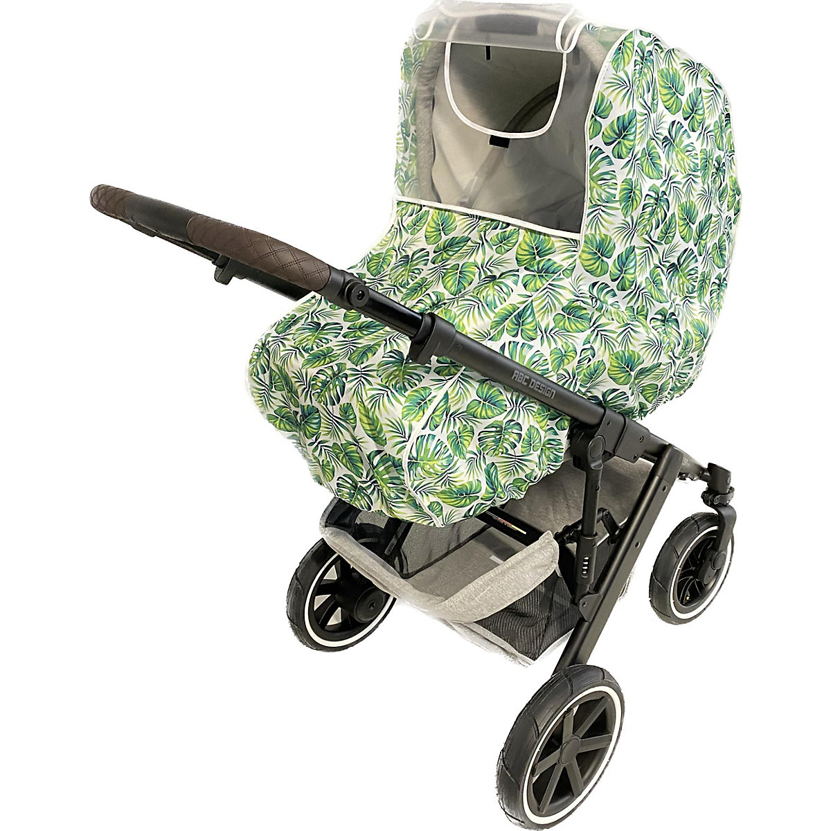 Kinderwagen-Regenschutz mit Sichtfenster und Klappe - URBAN JUNGLE, grüne Blätter