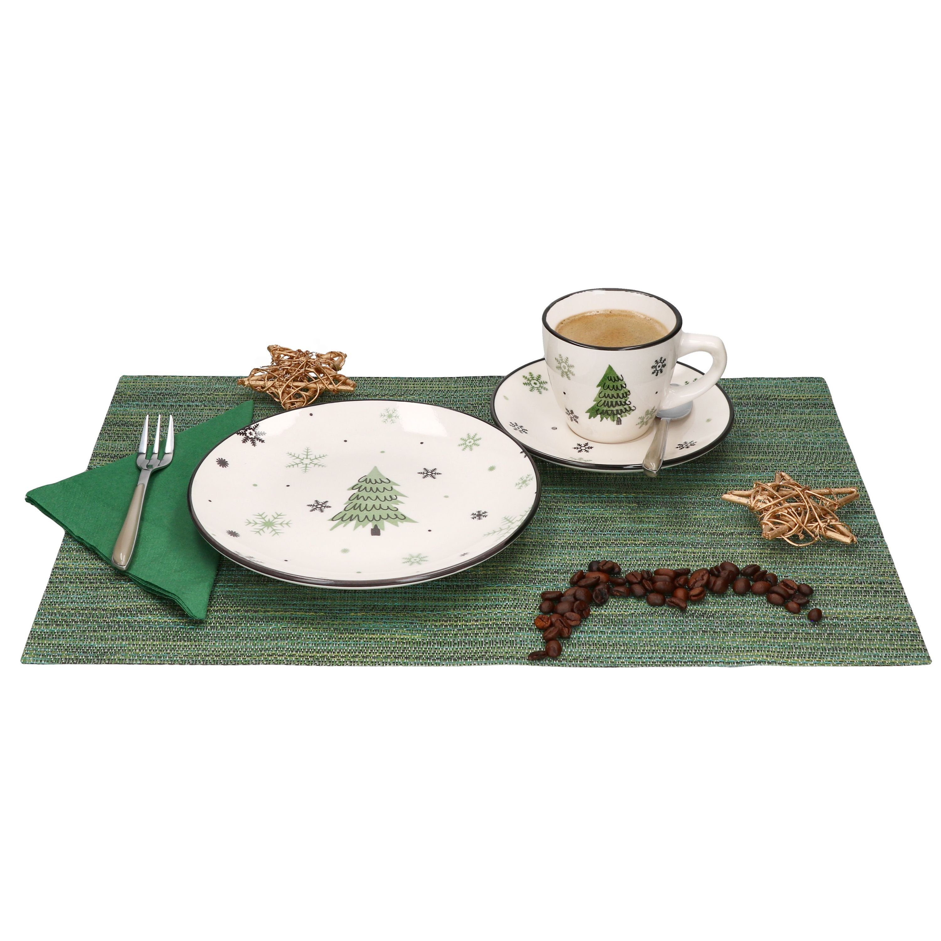 MamboCat Kaffeeservice 18tlg Kaffeeservice Weihnachtsbaum Steingut 6 Personen, Steingut