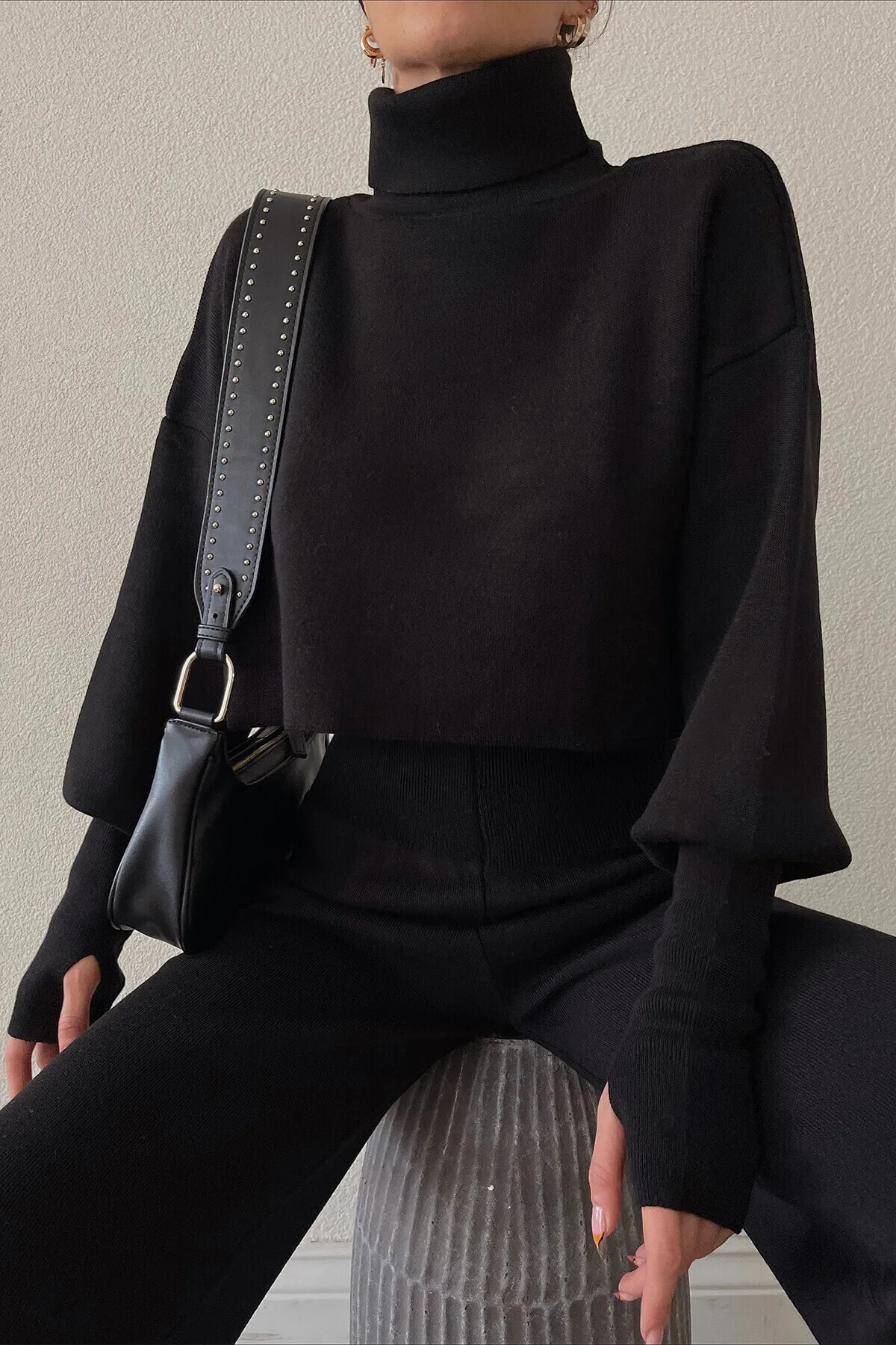 lovebox  Handgemachtes schwarzes Strick-Crop-Top und schwarze Strickhose mit hoher Taille, Doppelset 015