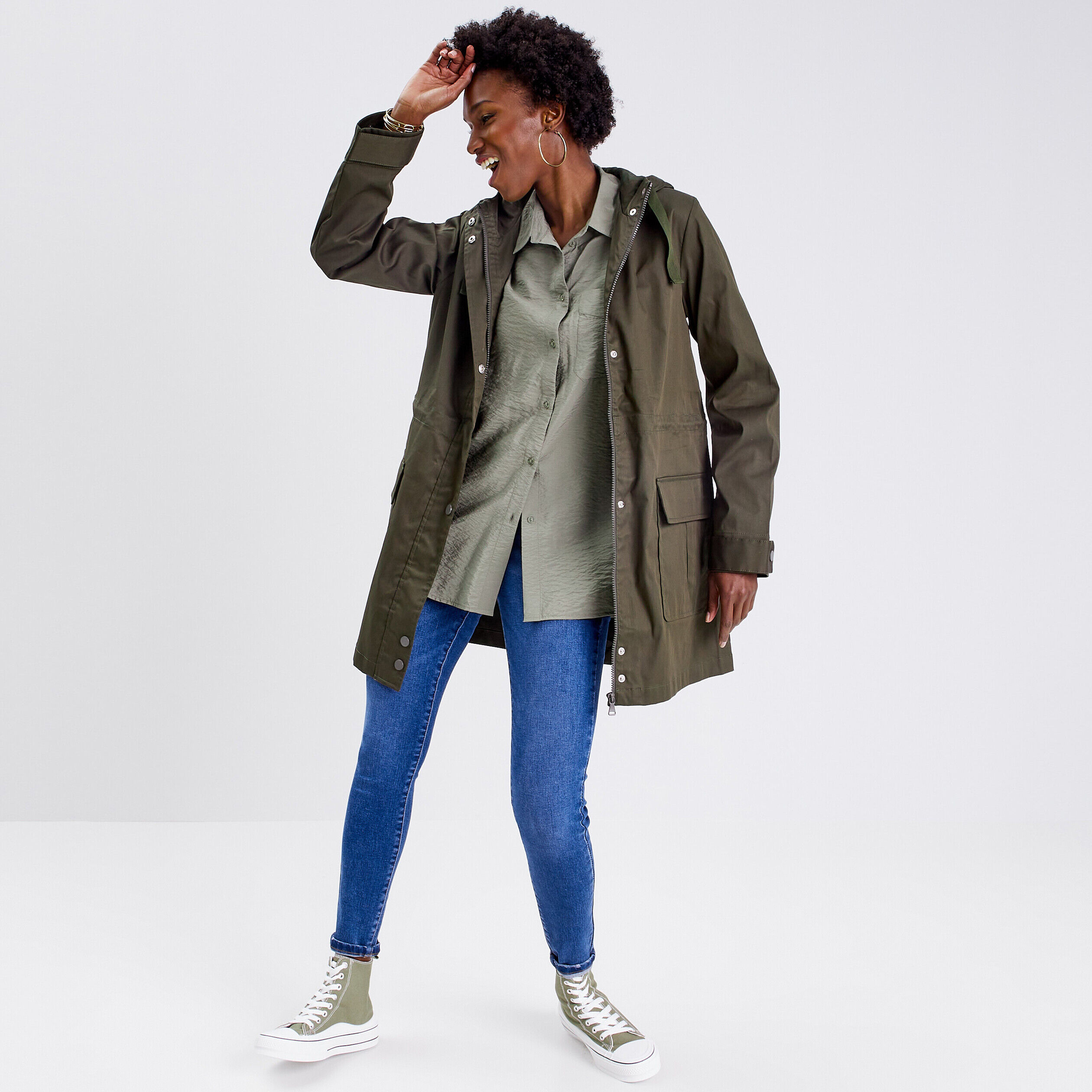 Parka droite à capuche vert kaki femme | Cache Cache