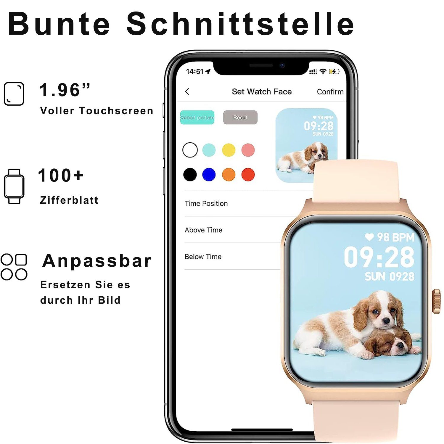 Yuede Smartwatch Damen und Herren, Fitness Uhr Mit Sprachanruf, Smartwatch (4,98 cm/1,96 Zoll) Fitness Tracker mit Schrittzähler, Schlaftracking, Kalorienverbrauch, Sportuhren mit Herzfrequenzmessung, Schlafuberwachung, Blutsauerstoffmessung, Sportar