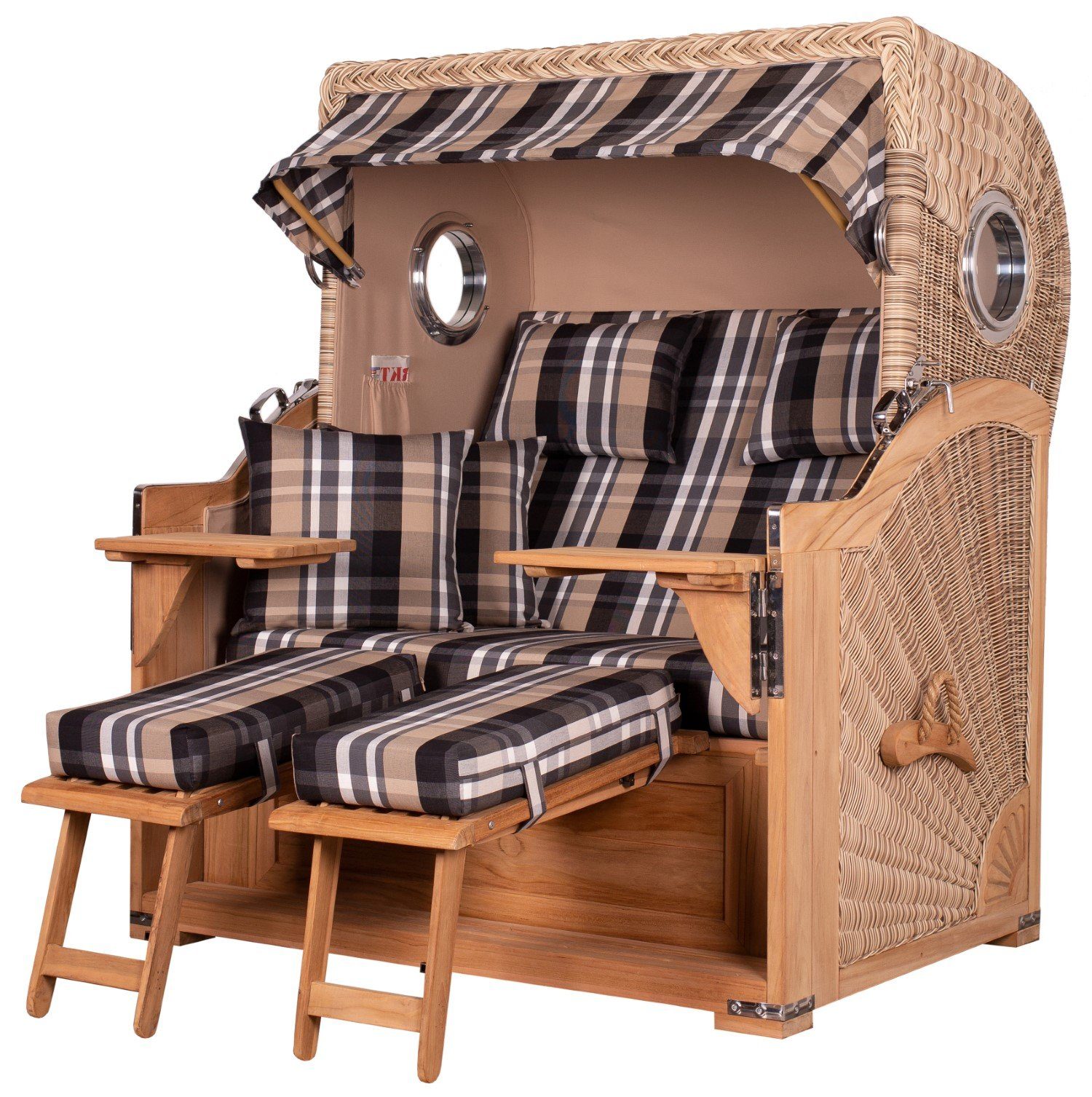 bene living Strandkorb Königssee 2,5-Sitzer Teak - PE shell - Modell 583, BxTxH: 142x95x170 cm, Volllieger ca. 175 Grad, Ostsee-Strandkorb Komplettset, inkl. Liftersystem und Bullaugen