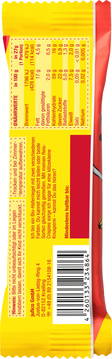 Fruchtriegel Erdbeere, Banane, Hafer, ab 12 Monaten, 27 g