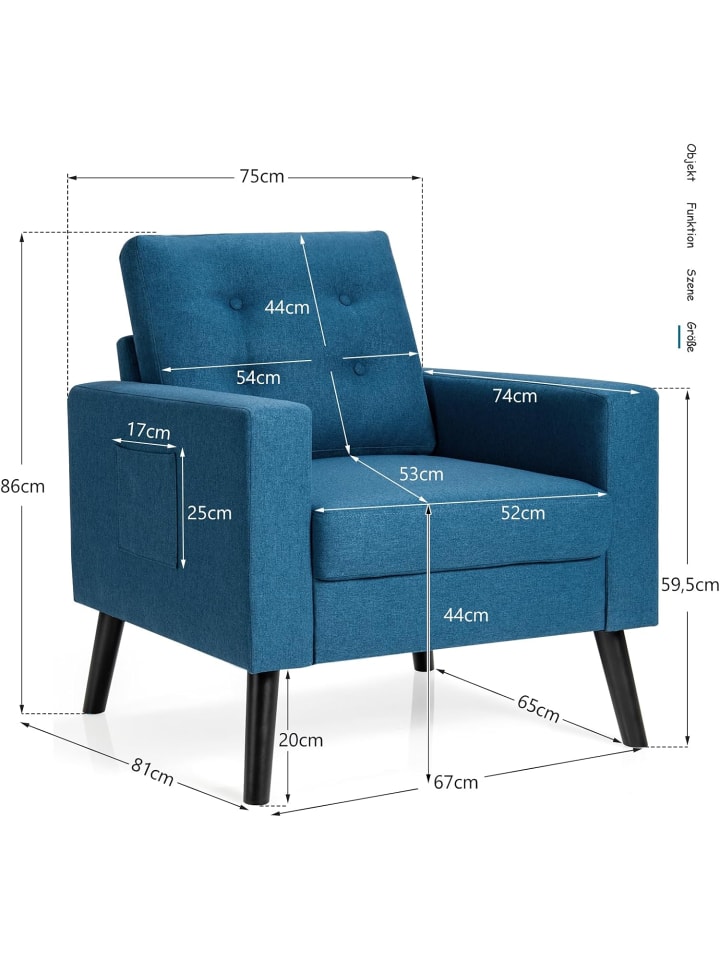 COSTWAY Relaxsessel mit 2 Taschen 81x67x86cm in Blau günstig kaufen onesize