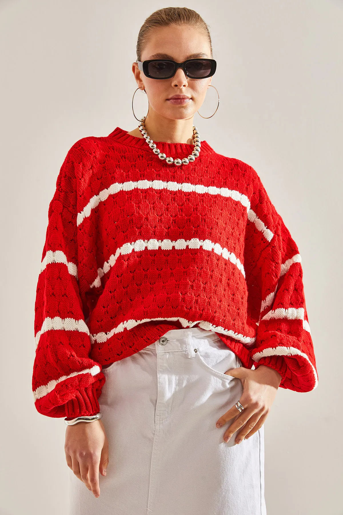 Bianco Lucci  Gestreifter Wabenstrickpullover mit Ballonärmeln für Damen