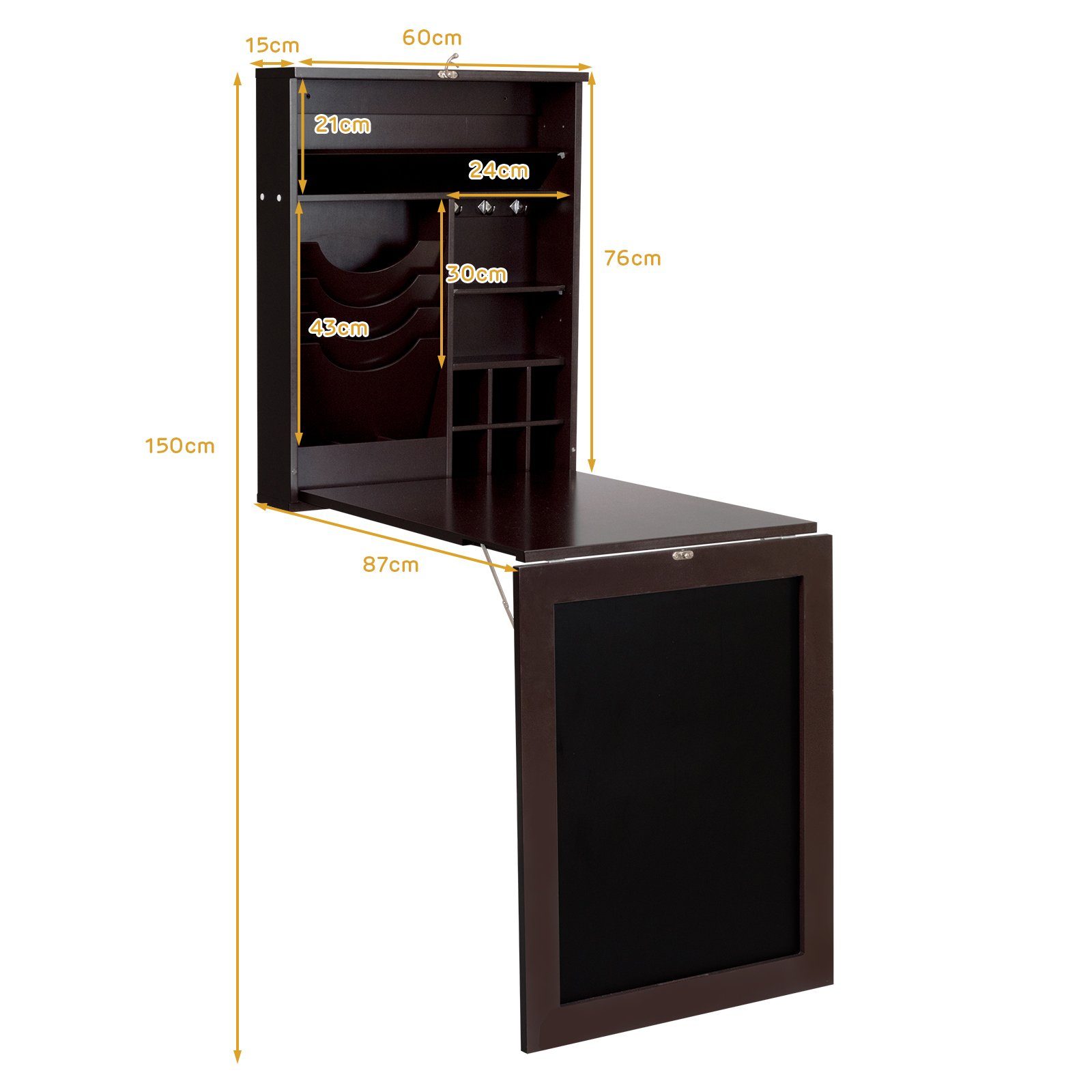COSTWAY Klapptisch, Küche, Wand, Esstisch, mit Tafel, 87x60x150cm