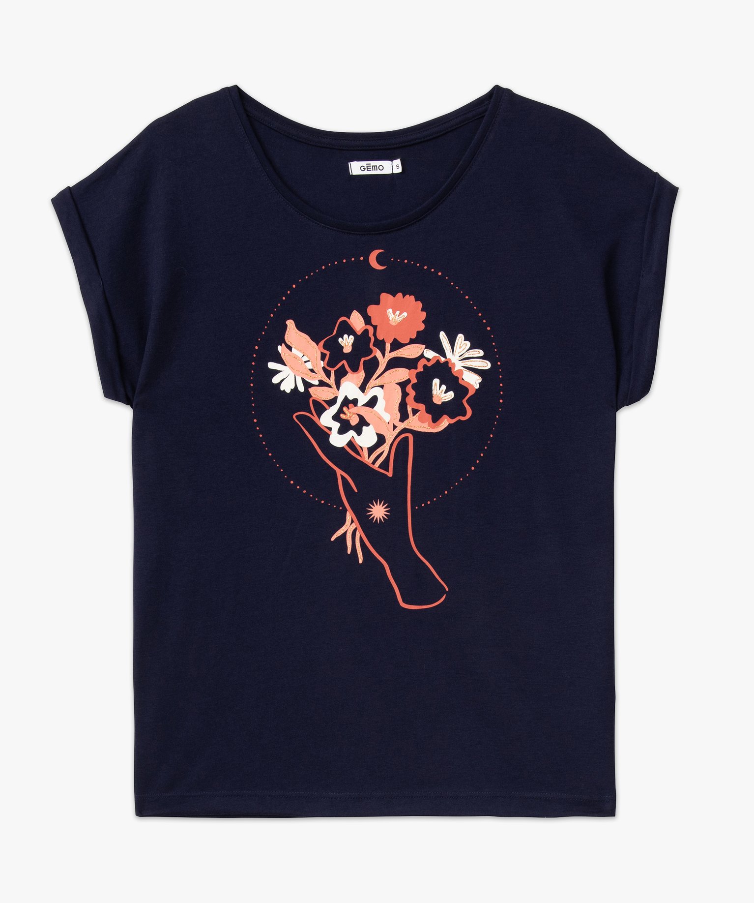 Tee-shirt à manches courtes avec motif fleuri femme marine | GEMO