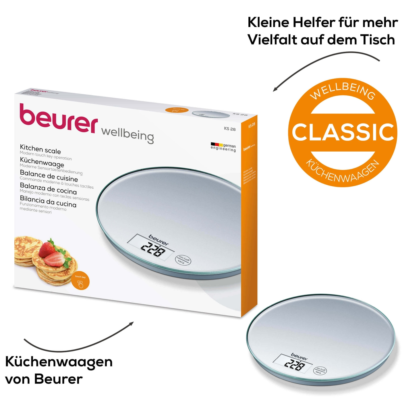 Beurer Küchenwaage - KS 28-Runde Küchenwaage mit Glasoberfläche in flachem & modernen Design