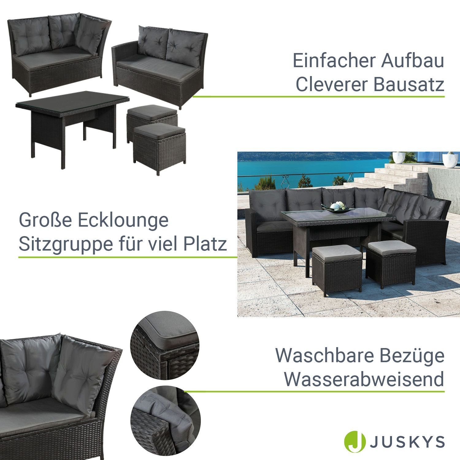 Juskys Gartenlounge-Set Santa Catalina, (Set, Sitzgruppe), 2 zusätzliche Hocker, Tisch mit Glasplatte, Waschbare Bezüge