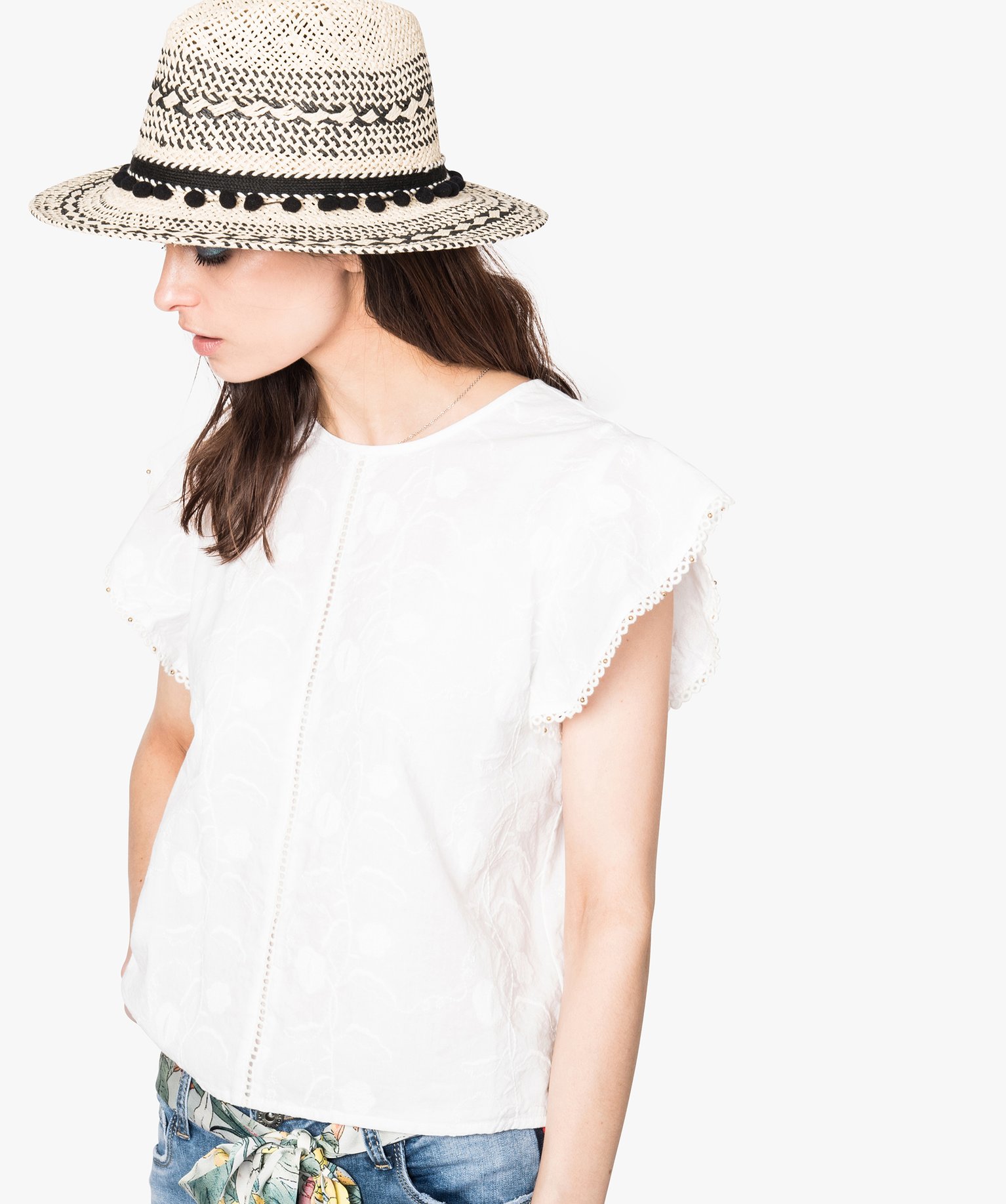 Chapeau panama tricolore à pompons noir | GEMO