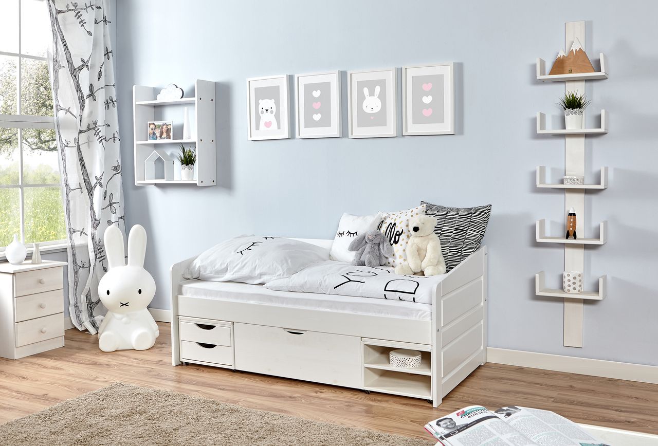 Ticaa Sofabett MINI Micki Buche weiß 80x160 cm Var 3 - mit 3er Funktionsschubkasten - inkl. Matratze