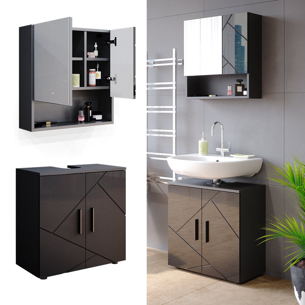 Vicco Badezimmer-Set Badmöbel Badezimmermöbel Irma Anthrazit Hochglanz Set 1, (3-St., 3-er Set)