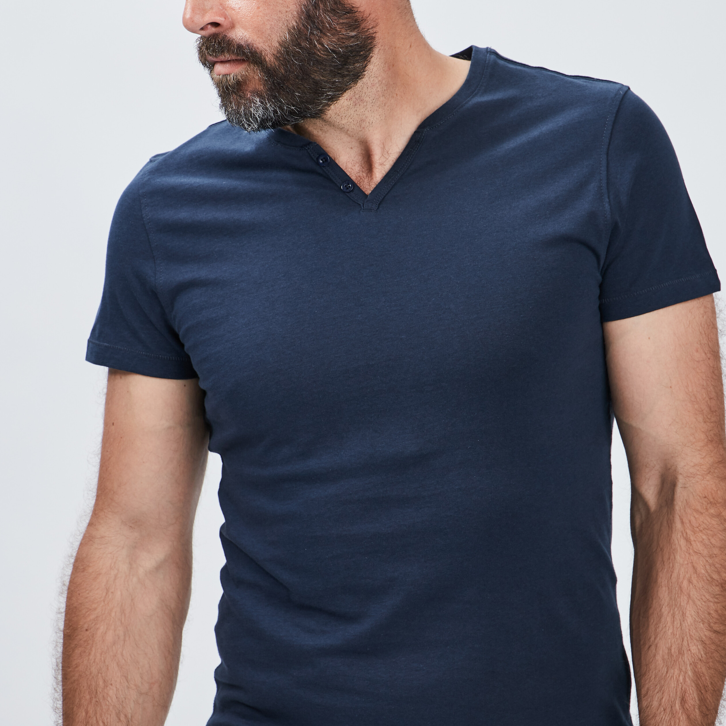 T-shirt manches courtes col tunisien bleu marine homme | La Halle
