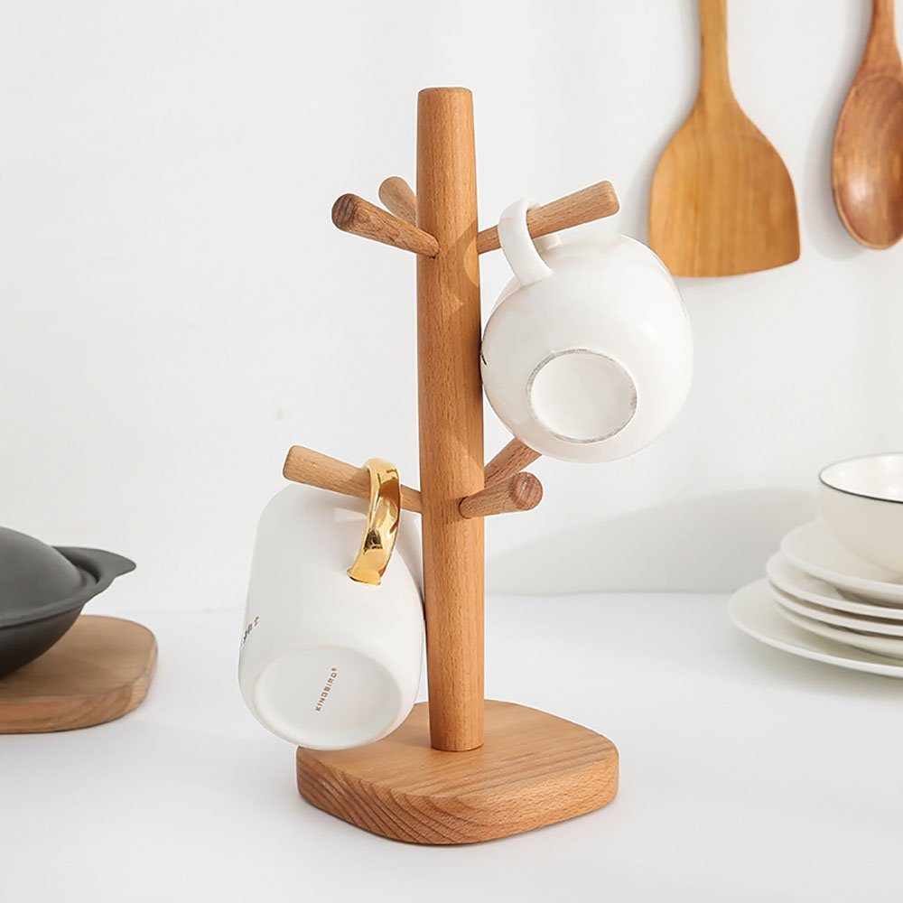 Aphollod Gläserhalter Tassenbaum, Becher-Aufhänger, Kaffee-Becherhalter mit 6 Haken, Holz-Kaffeebecher-Halter für Theke