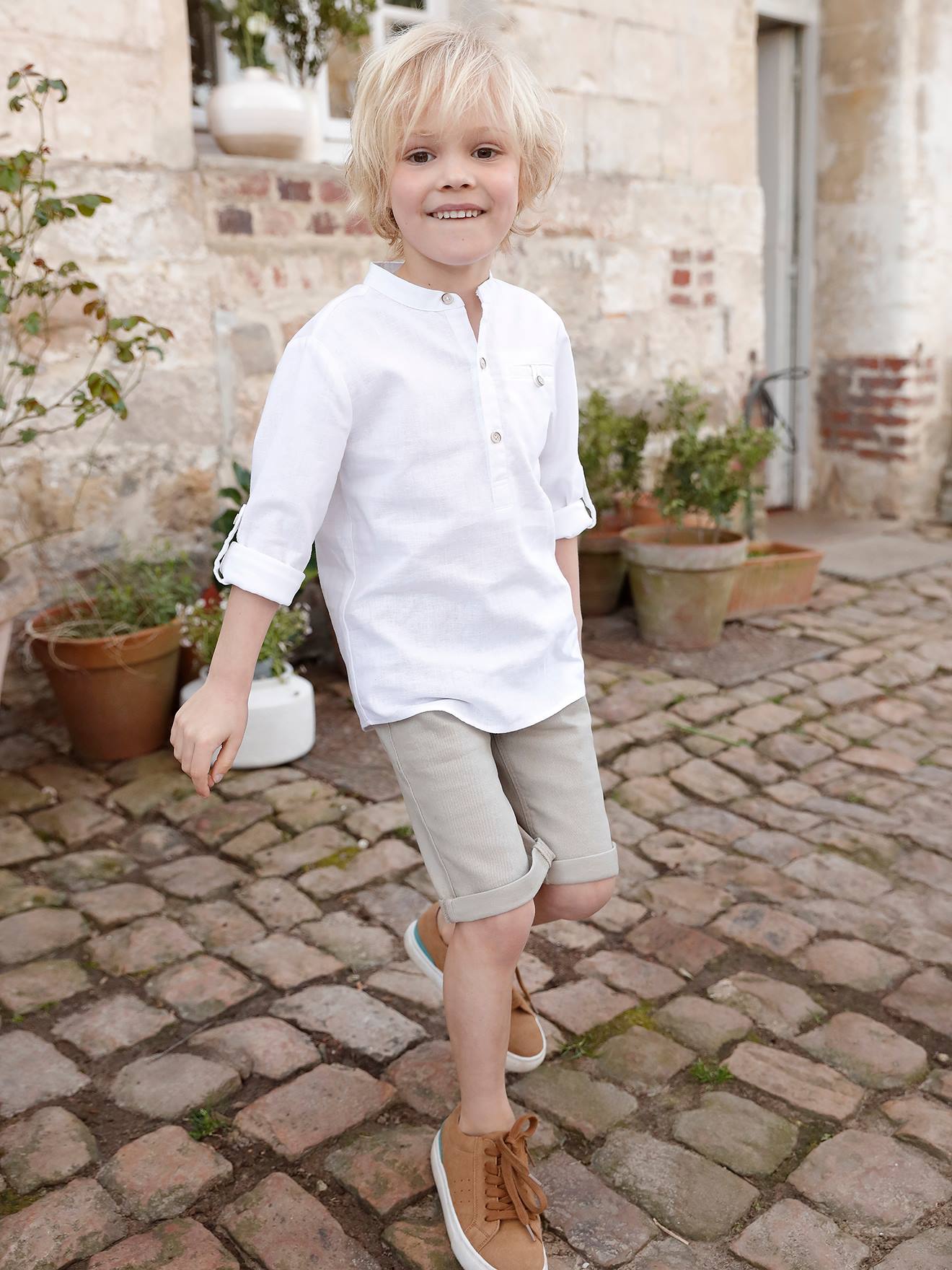 Chemise col Mao garçon en coton/lin manches longues vert