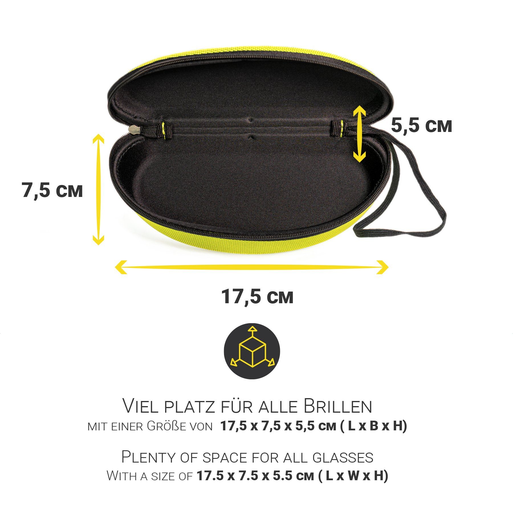 Hi-SHOCK Brillenetui HI-Case gelb, Stoßabsorbierendes Hartschalen-Case mit Schlaufe & Reißverschluss und Mikrofasertuch