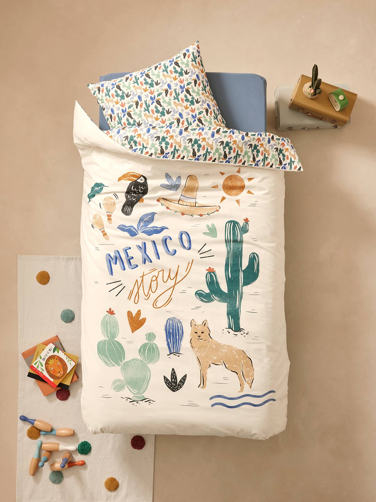 Vertbaudet Kinder Bettwäsche-Set MEXICO STORY mit Recycling-Baumwolle - mehrfarbig