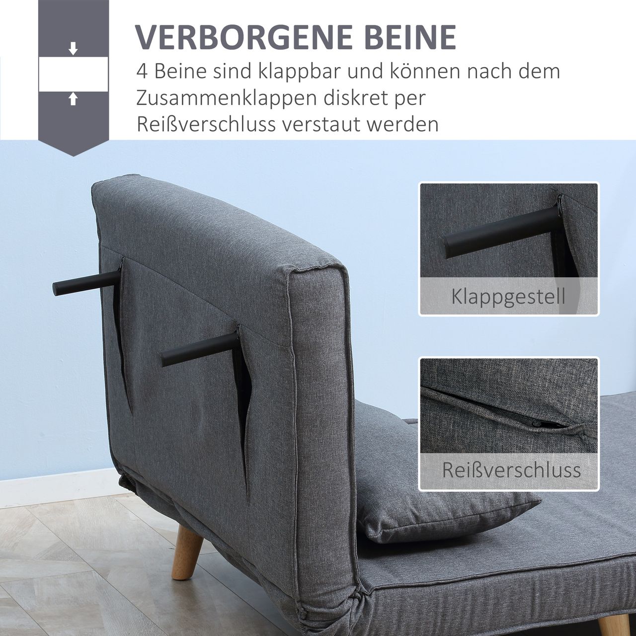 HOMCOM Einzelsofa Schlafsofa Sofabett Klappsofa verstellbar Rückenlehne Liege nordisch skandinavisch 25D Schaumstoff Haus Leinenimitat Tannenholz Grau