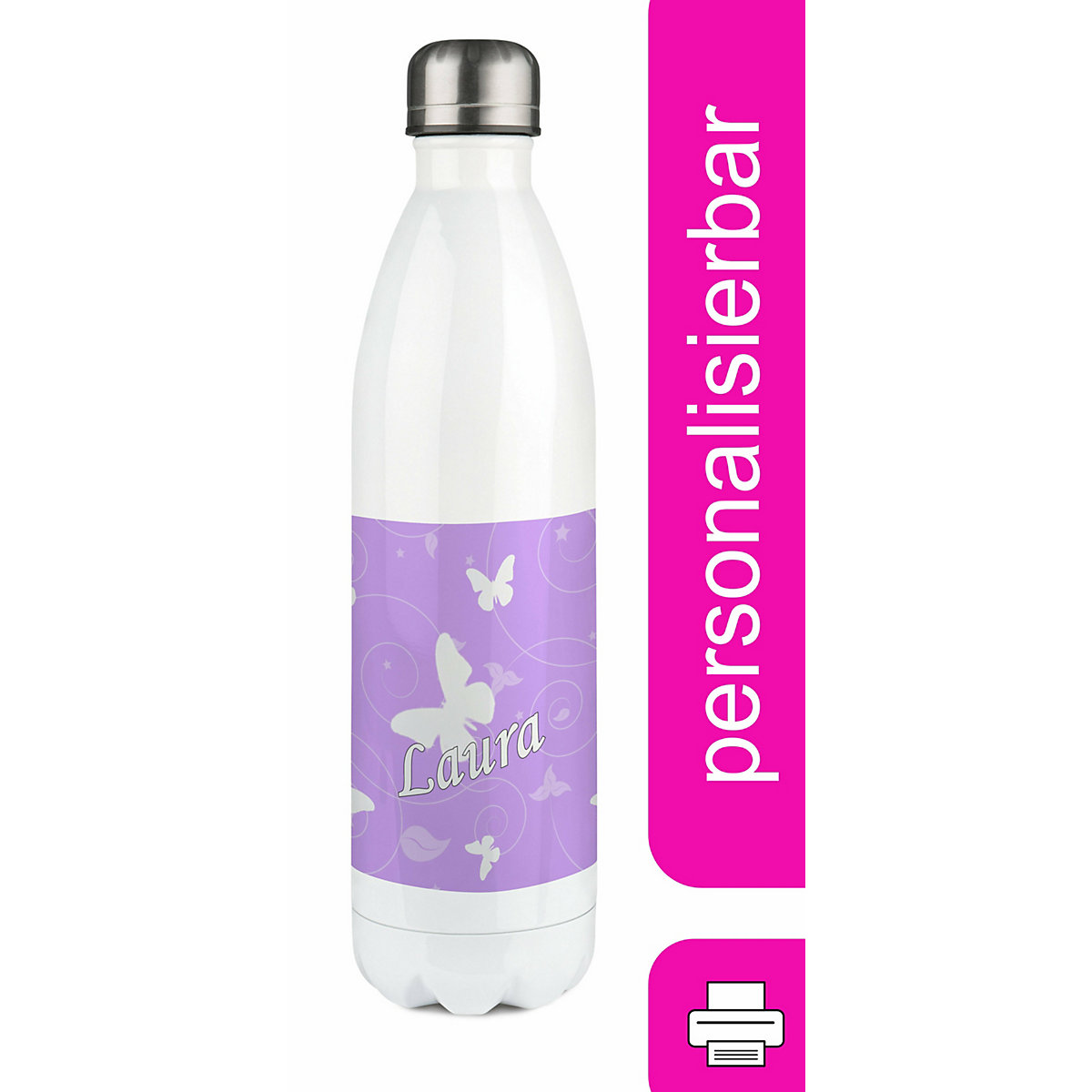 Edelstahl Kinder Thermoflasche / Trinkflasche bunt Schmetterling Ornamente Farbe flieder Spülmaschinenfest, Auslaufsicher, Bruchfest, Doppelwandig, Für Heißgetränke geeignet, Mit Deckel, Isoliert