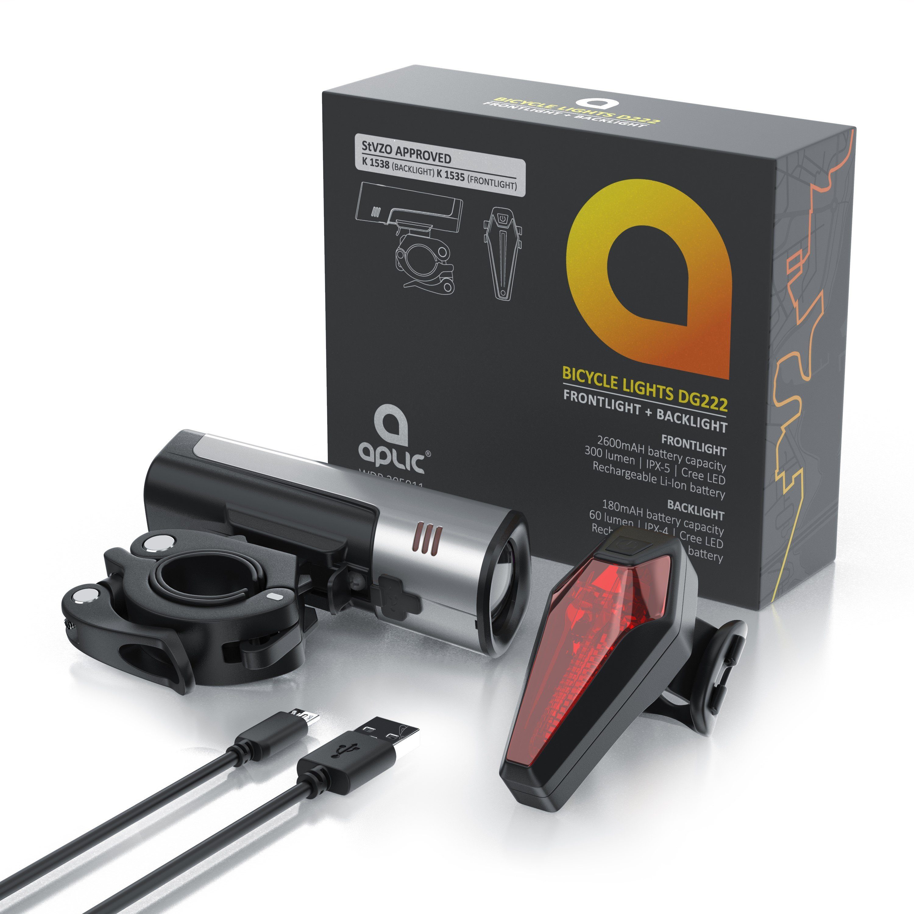 Aplic Fahrradbeleuchtung, StVZO Fahrradlampenset, 2600mAh Frontlicht & 180mAh Rücklicht, 40 Lux
