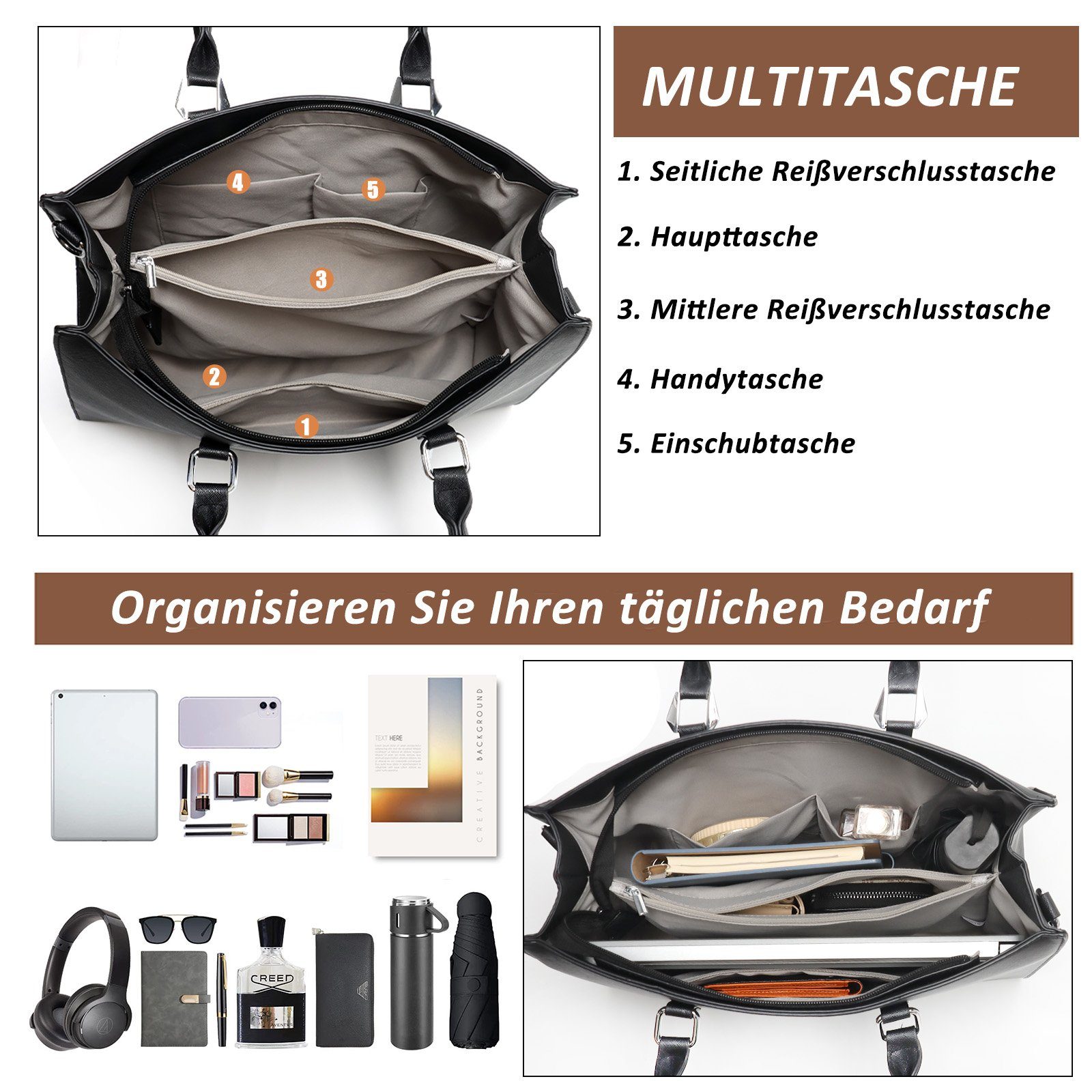 TAN.TOMI Businesstasche Business Handtasche Damen Leder Große Schultertasche Arbeit Schule, Bürotasche Damen 15 Zoll Notebooktasche mit 3 Fächern für Büro Schule