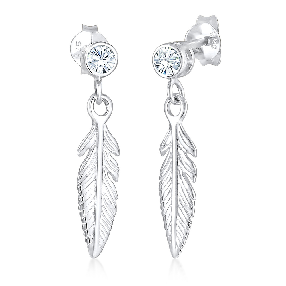 Elli Elli Boucles d'Oreilles Femmes Pendentif d'oreilles Plume Boho avec Cristal en Ar Boucles d'oreilles