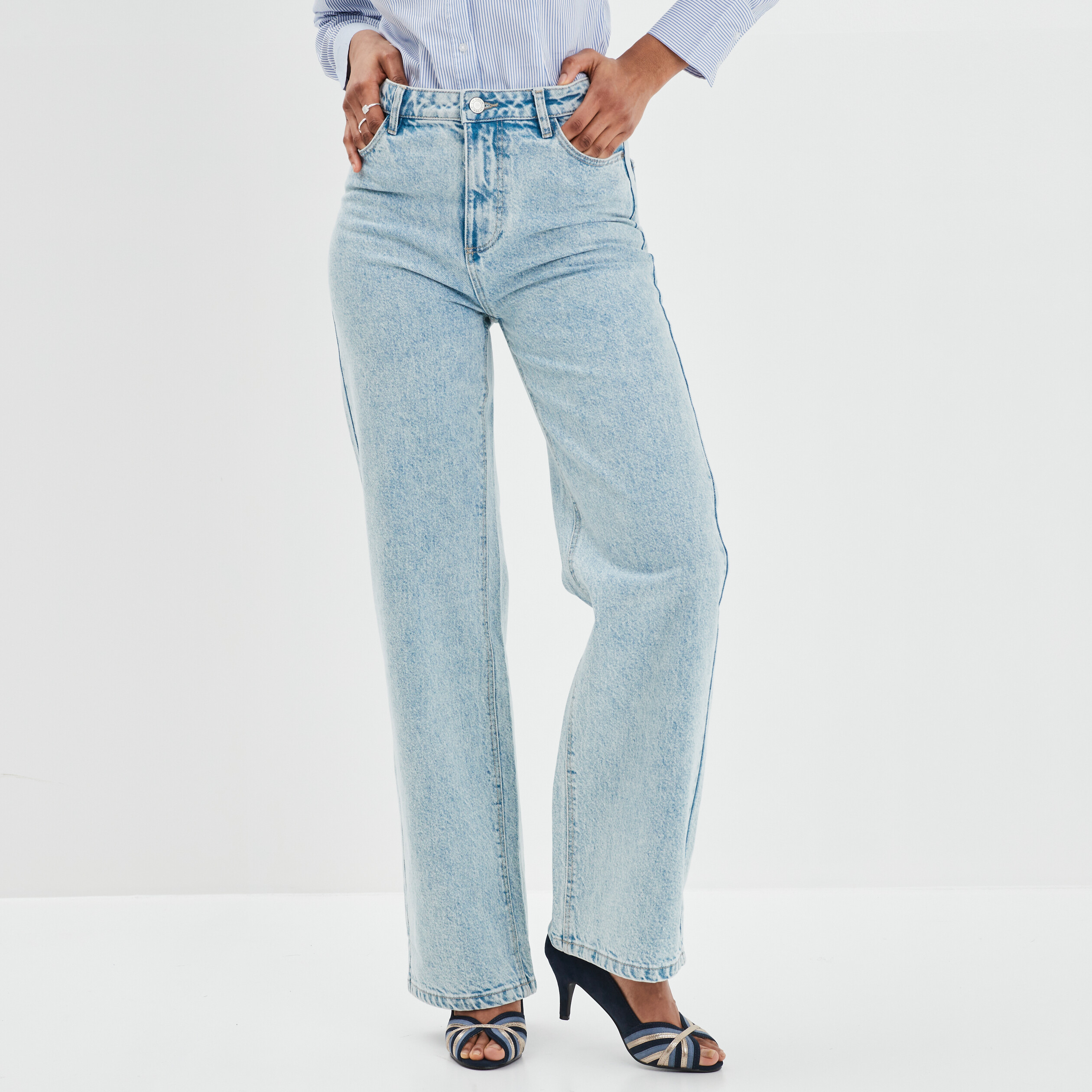 Jeans wide leg taille haute coton denim double stone femme | La Halle