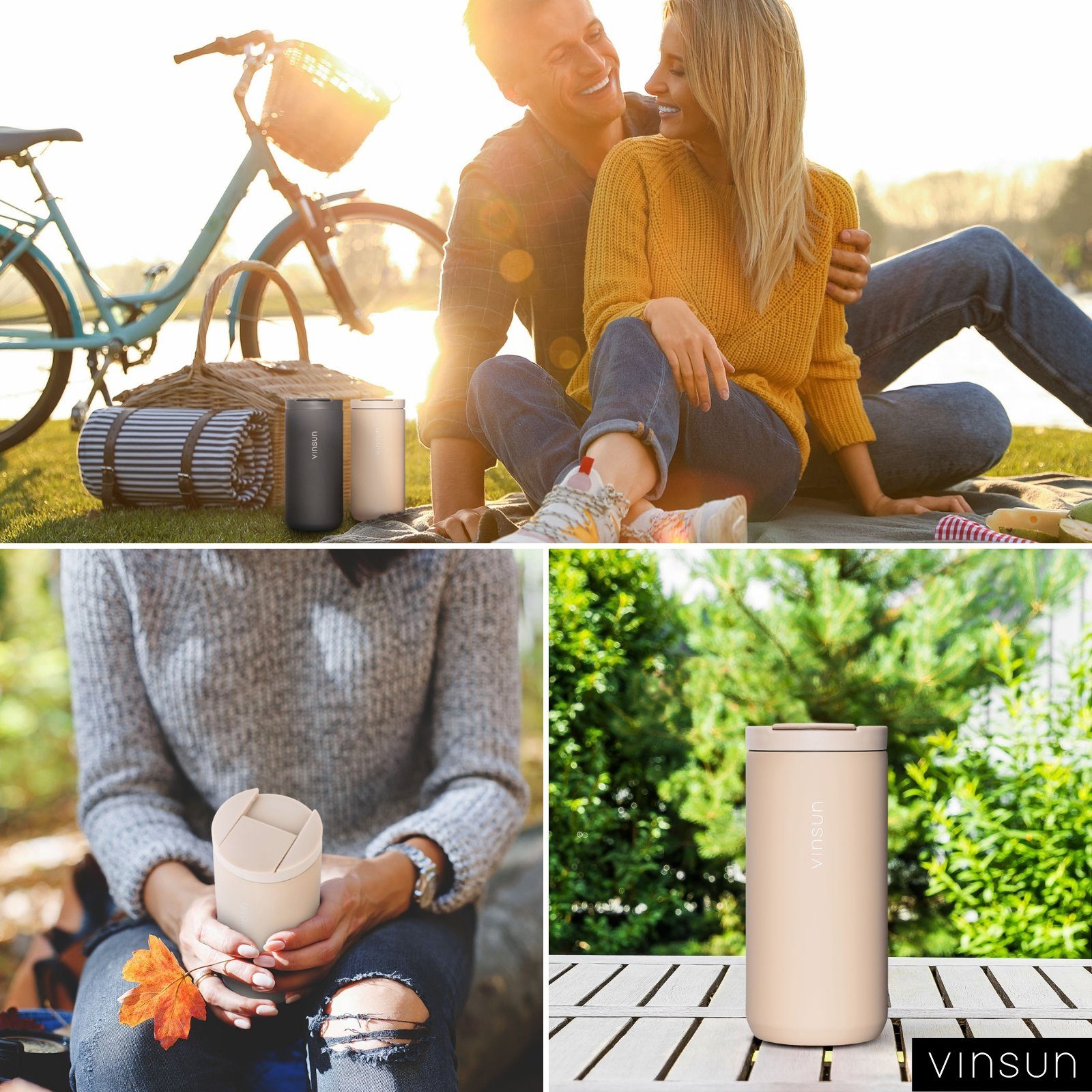 Vinsun Thermobecher Isolierbecher 380ml mit Trinköffnung - Kaffeebecher für unterwegs, Edelstahl, auslaufsicher, bruchfest, für heiße und kalte Getränke