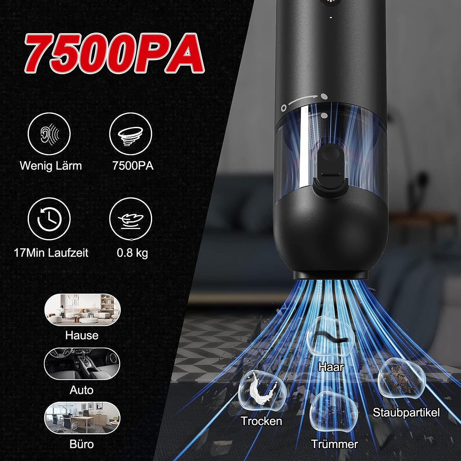 Kpaloft Akku-Handstaubsauger 6000Pa Kabelloser Autostaubsauger, Tragbarer Handsauger, 1500mAh Staubsauger, Nass & Trocken, für Tierhaare, Auto, Haus