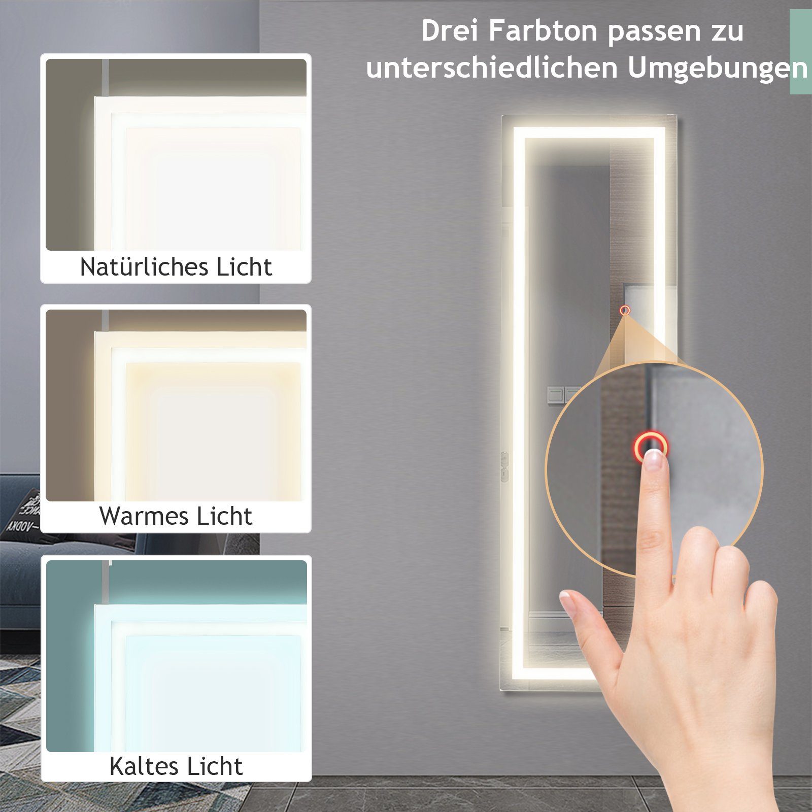 COSTWAY Wandspiegel, mit Beleuchtung in 3 Farben&Touchscreen, Ganzkörper