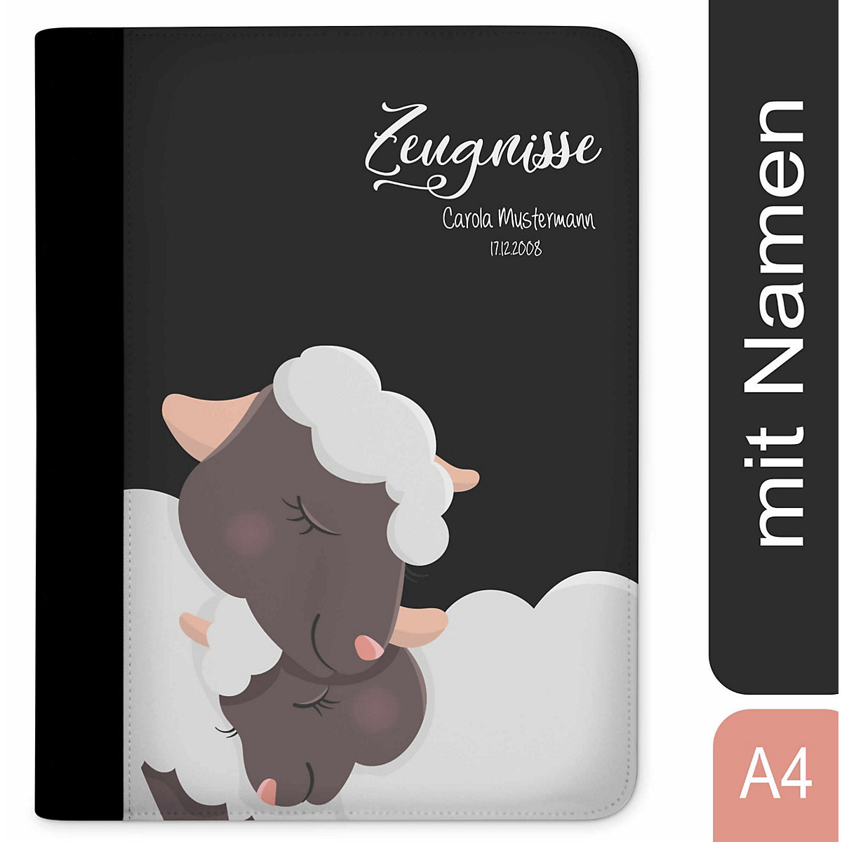 Zeugnismappe / Dokumentemappe mit Name personalisiert Schaf verliebt Schwarz