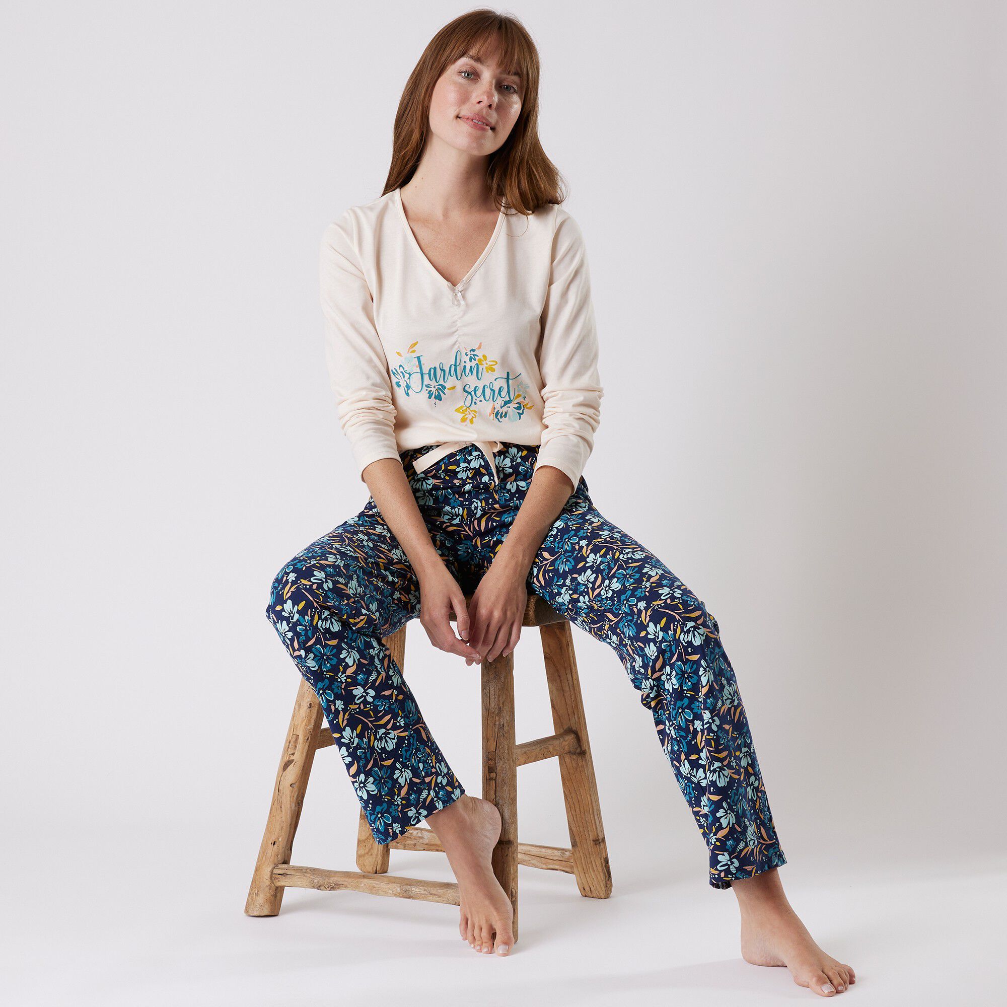 Tee-shirt pyjama manches longues imprimé placé 