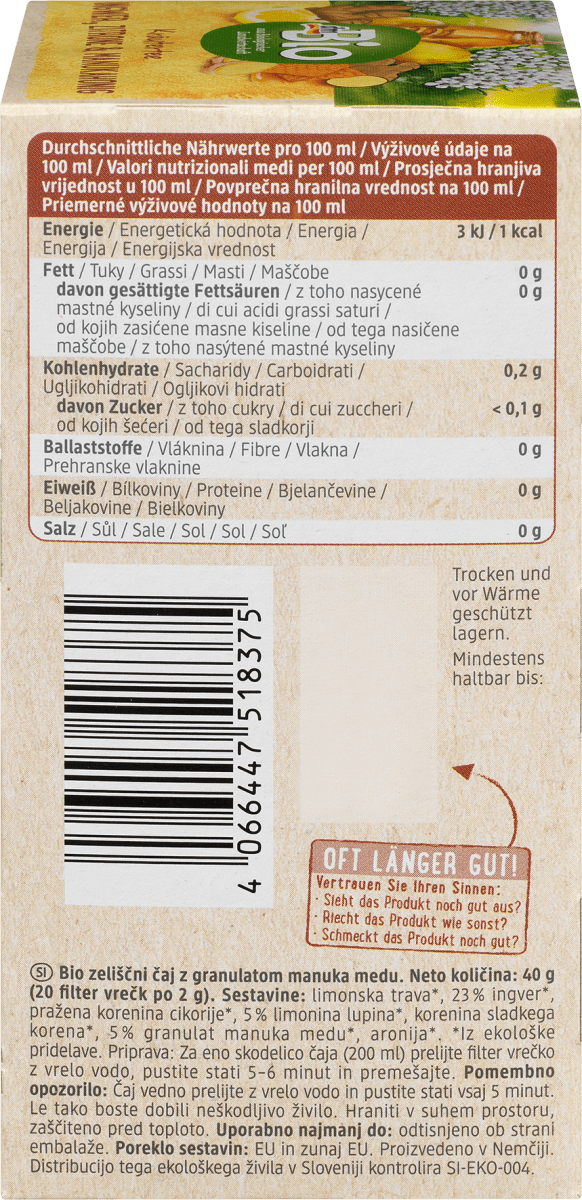 Kräuter-Tee, Ingwer, Zitrone & Manuka (20 x 2g), 40 g