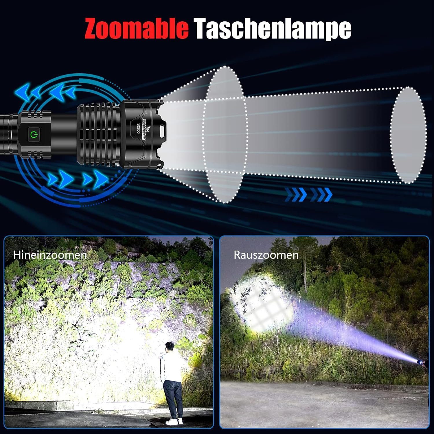 Shadowhawk LED Taschenlampe S2800 – Extrem Hell, 30000 Lumen, Aufladbar, Zoombar, Fokusverstellung (IP67 Wasserdichtigkeit, Inklusive wiederaufladbares leistungsstarker 3,7V 6000mAh Batterie, und USB C Kabel, Taktische Taschenlampe Batteriebetrieben)