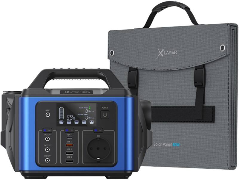 XLayer Powerstation-Set mit Mobilem Solarpanel 80000 mAh Lithium-Polymer (Li-Polymer) Schwarz, Blau