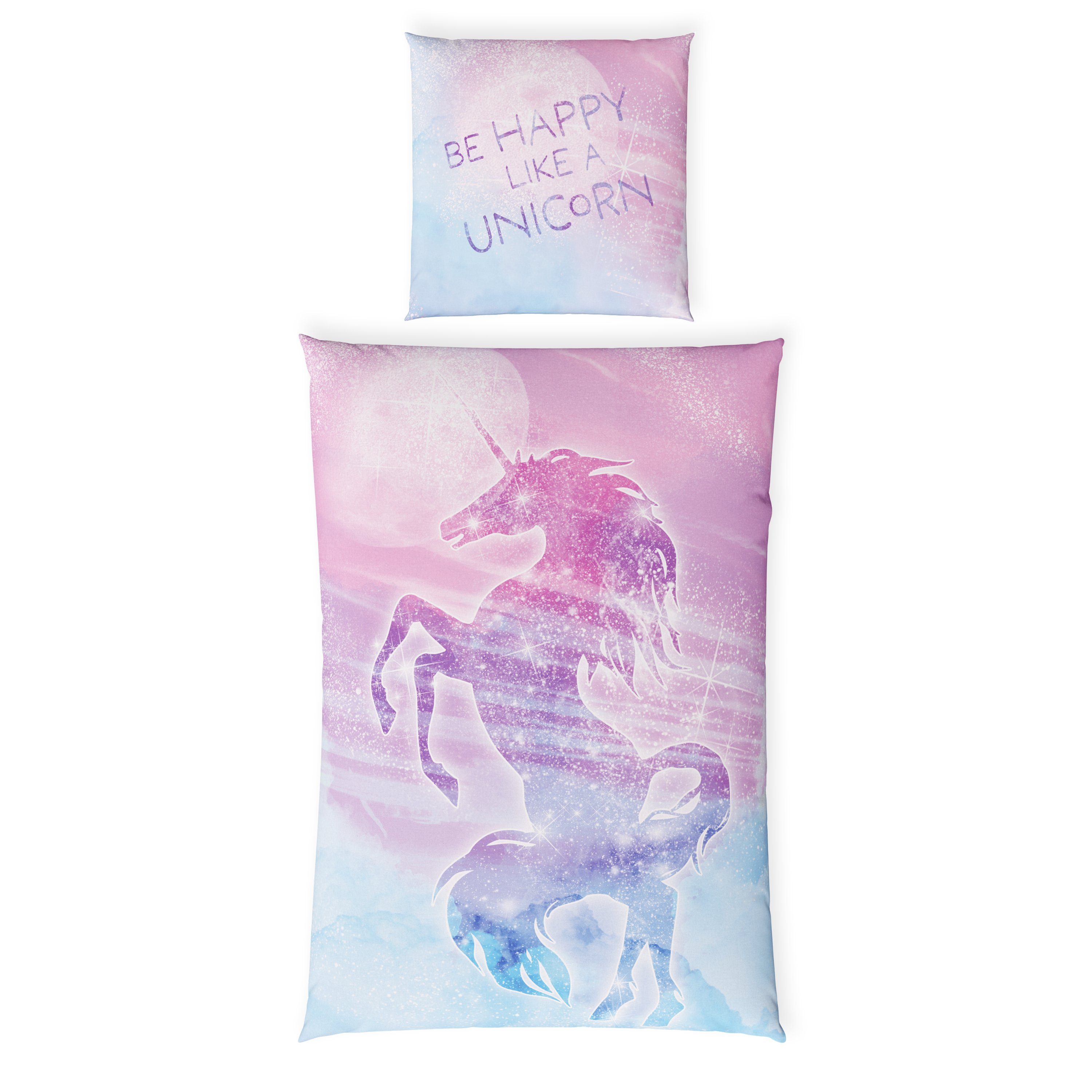 Kinderbettwäsche Leuchtende Bettwäsche 135x200 Unicorn Bettwäsche Kinder + 10 SPIELE, Carpe Sonno, Baumwolle, 2 teilig, GLOW IN THE DARK Einhorn Bettwäsche Mädchen