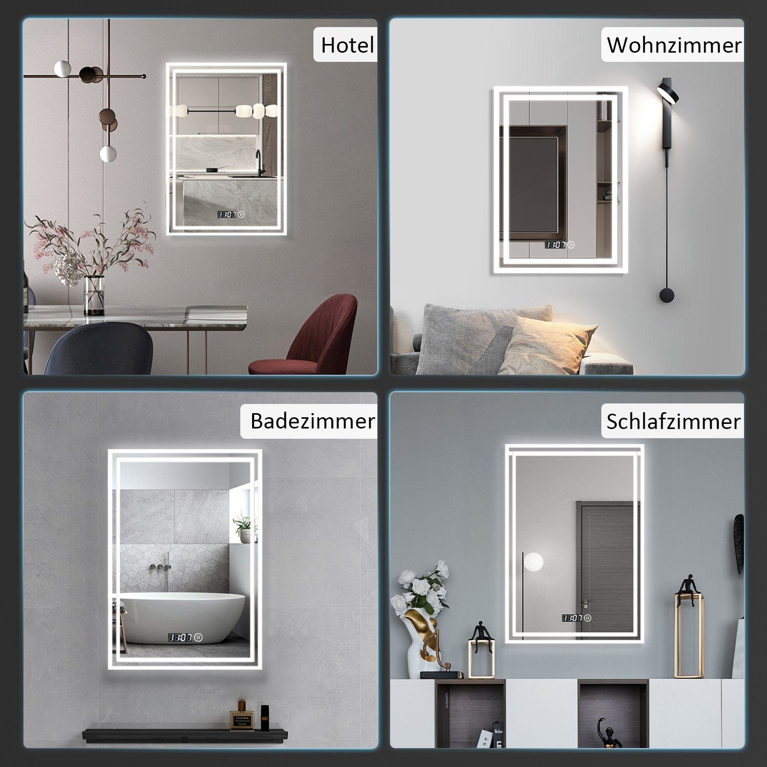WDWRITTI Spiegel Bad mit uhr Touch Badspiegel mit beleuchtung 50x70 (Wandspiegel Helligkeit 3Lichtfarben, 3000-6500K), Speicherfunktion, IP44