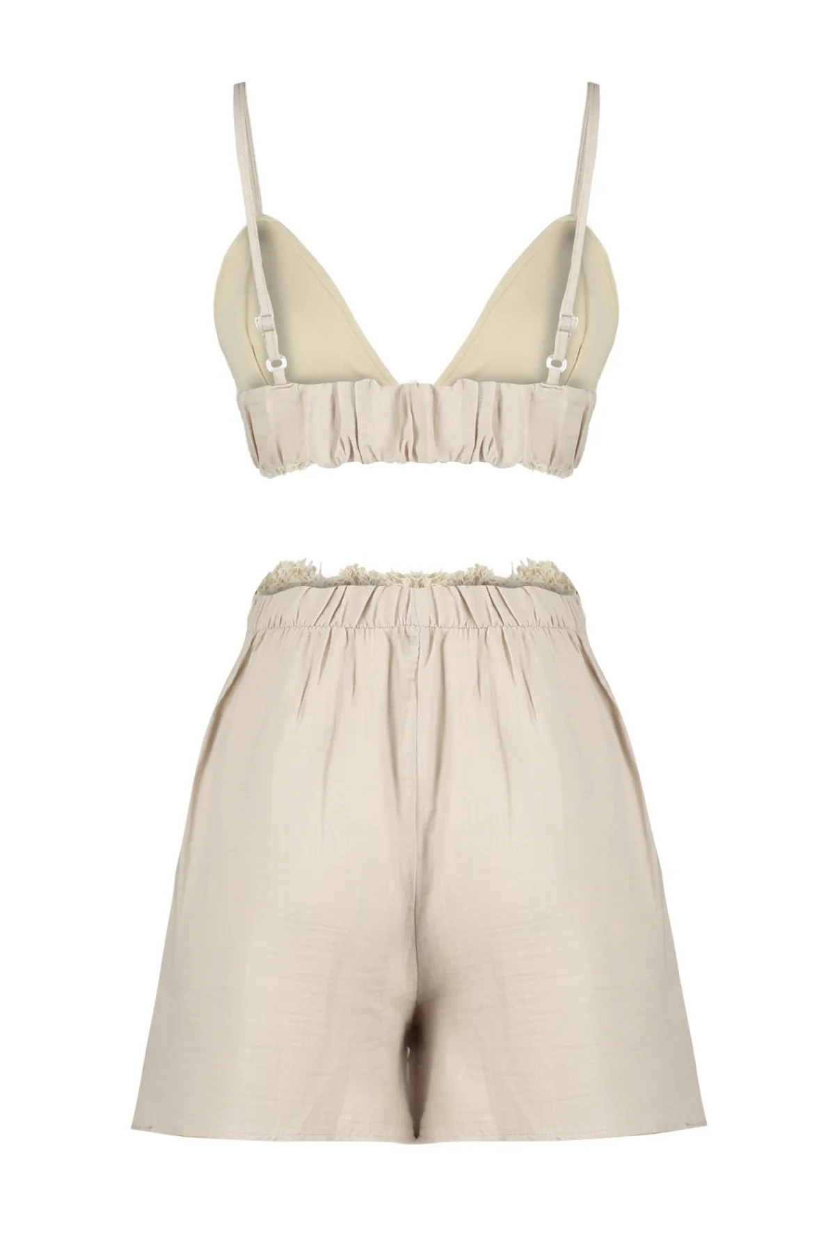Trendyol Collection  Hochwertiges, beiges Pyjama-Set aus gewebtem Musselin aus 100 % Baumwolle mit Rüschendetails und Seilträgern THMSS24PT00076