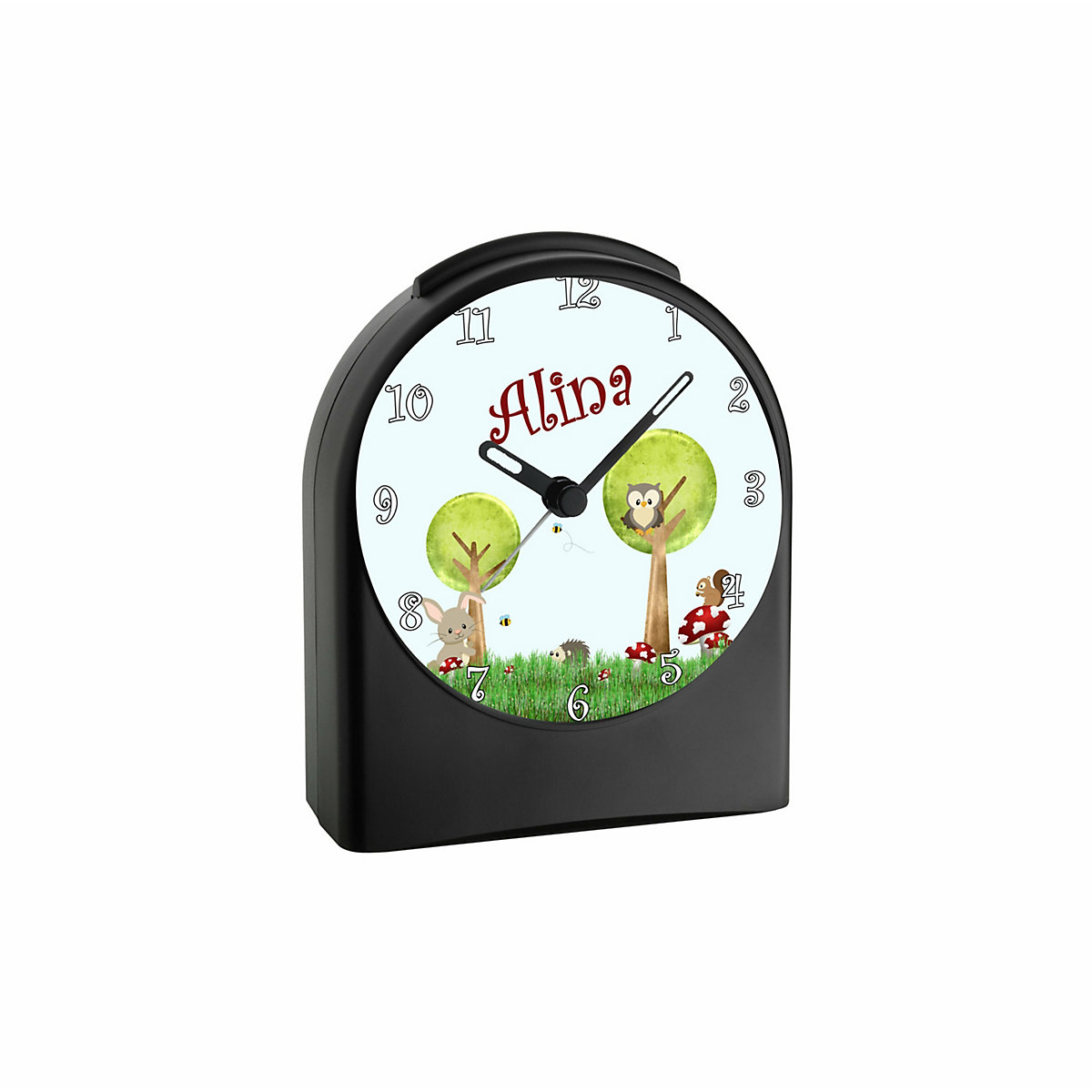 Kinder Funkwecker personalisiert mit Namen Waldwiese Atom-/Funkuhr, 12-Stunden-Anzeigeformat, Schlummerfunktion, Nachtlicht, Geräuschlos/Ohne Ticken