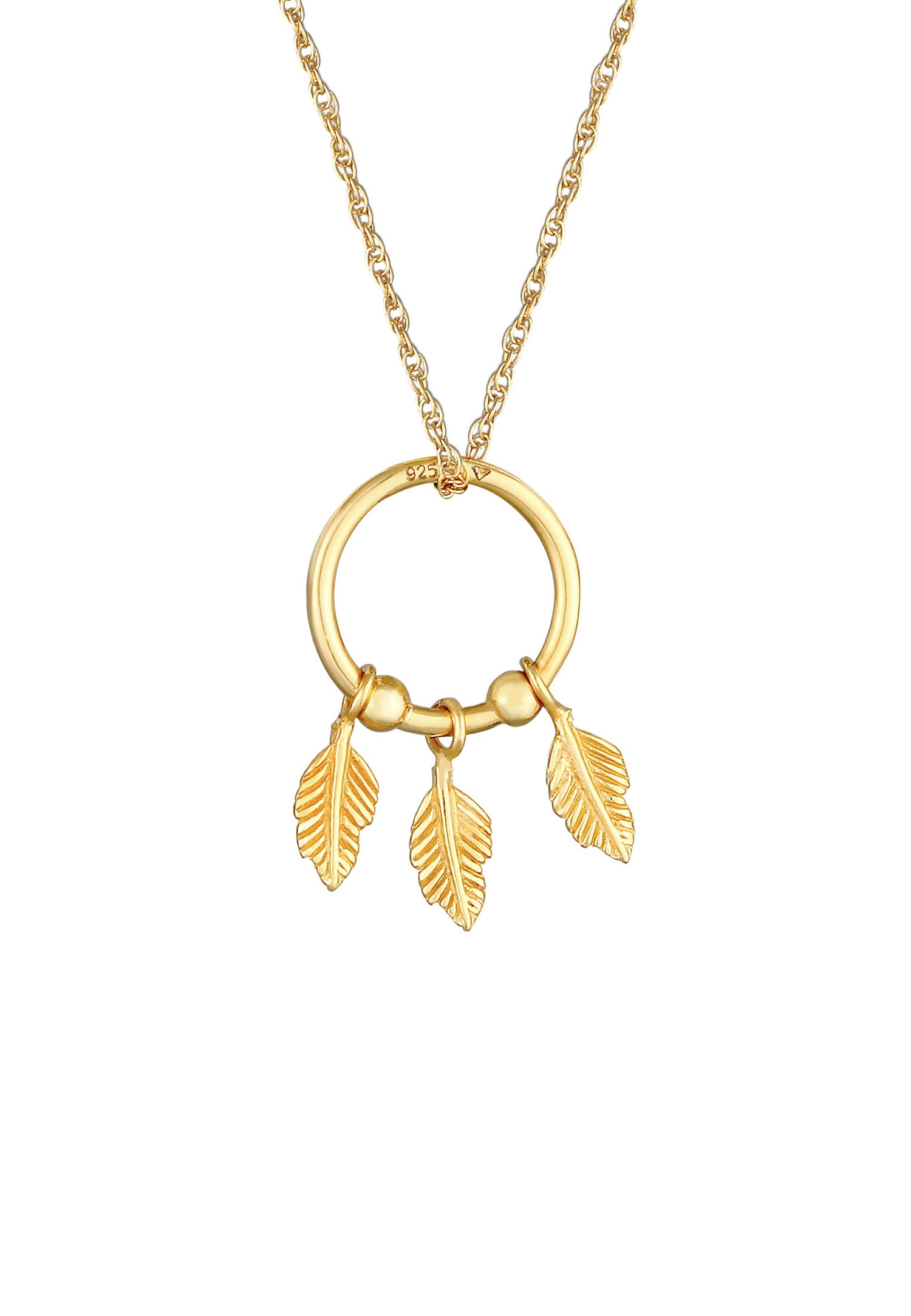 Ciondolo da donna Elli in stile boho hippie con piuma, trendy estivo, argento sterling 925 placcato oro