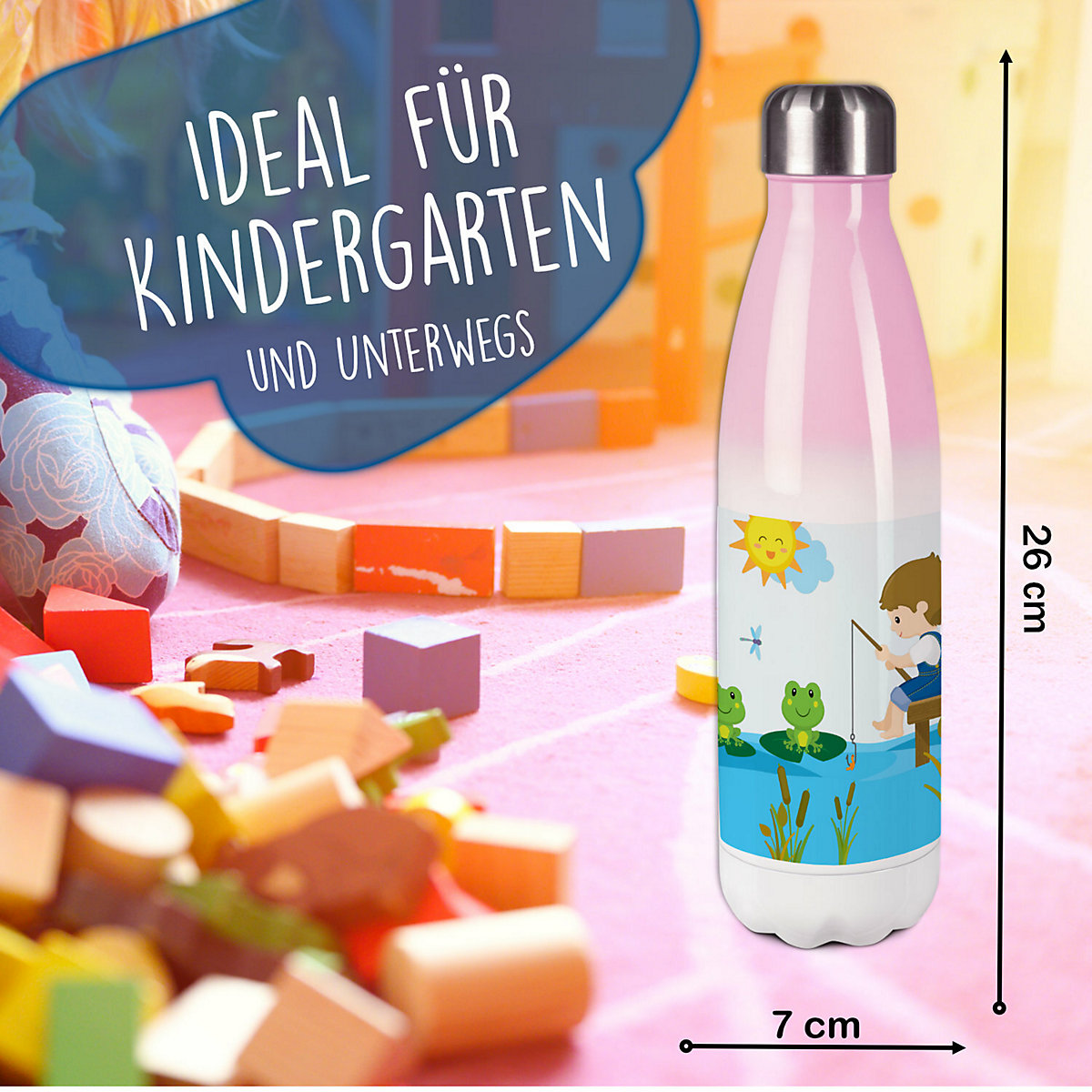 Edelstahl Kinder Thermoflasche / Trinkflasche bunt Froschteich Spülmaschinenfest, Auslaufsicher, Bruchfest, Doppelwandig, Für Heißgetränke geeignet, Mit Deckel, Isoliert