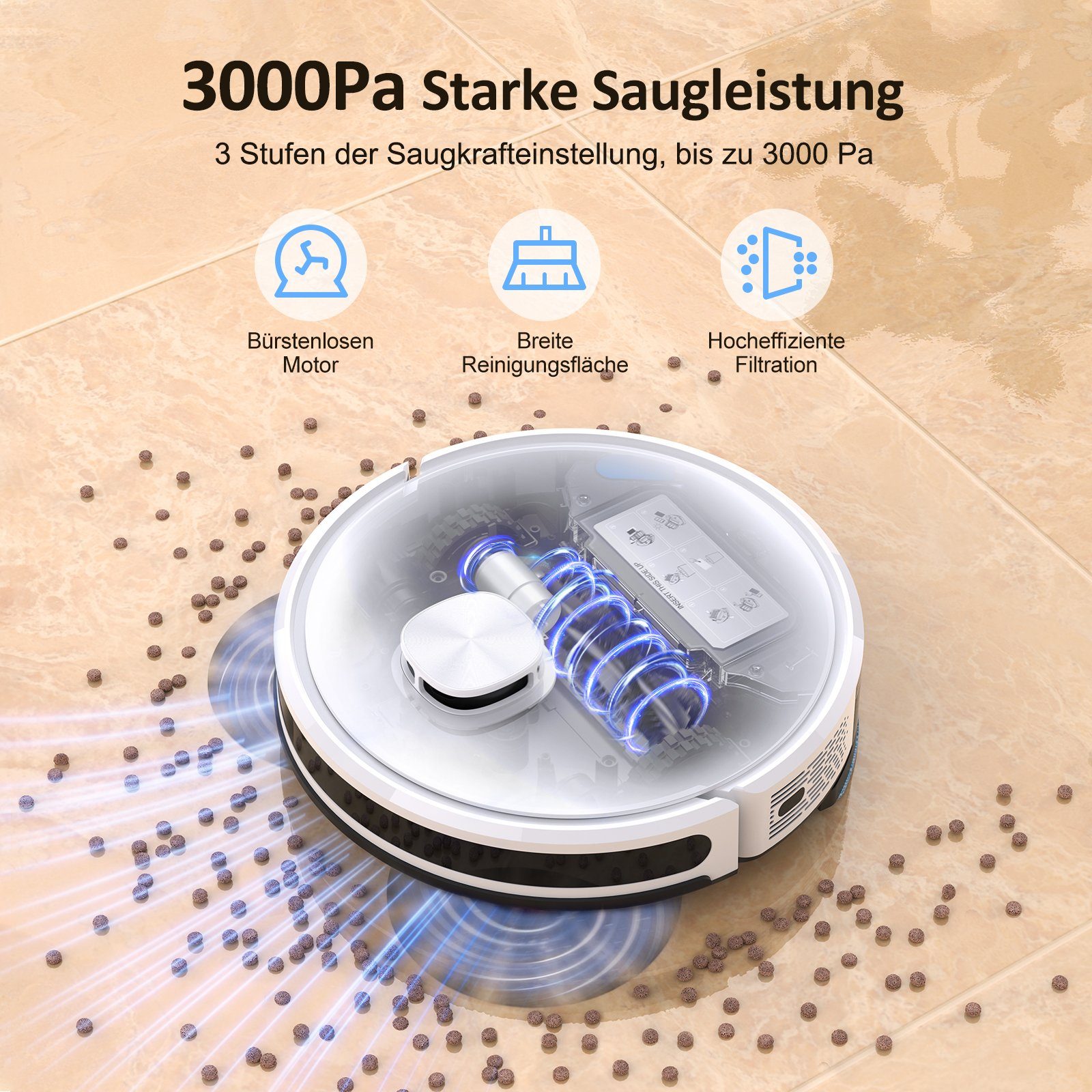 oyajia Nass-Trocken-Saugroboter LiDAR Lasernavigation Saug- und Wischroboter Saugroboter, 42,00 W, Beutellos, mit Wischfunktion,10 No-Go-Zonen,3000Pa, Selbstaufladender