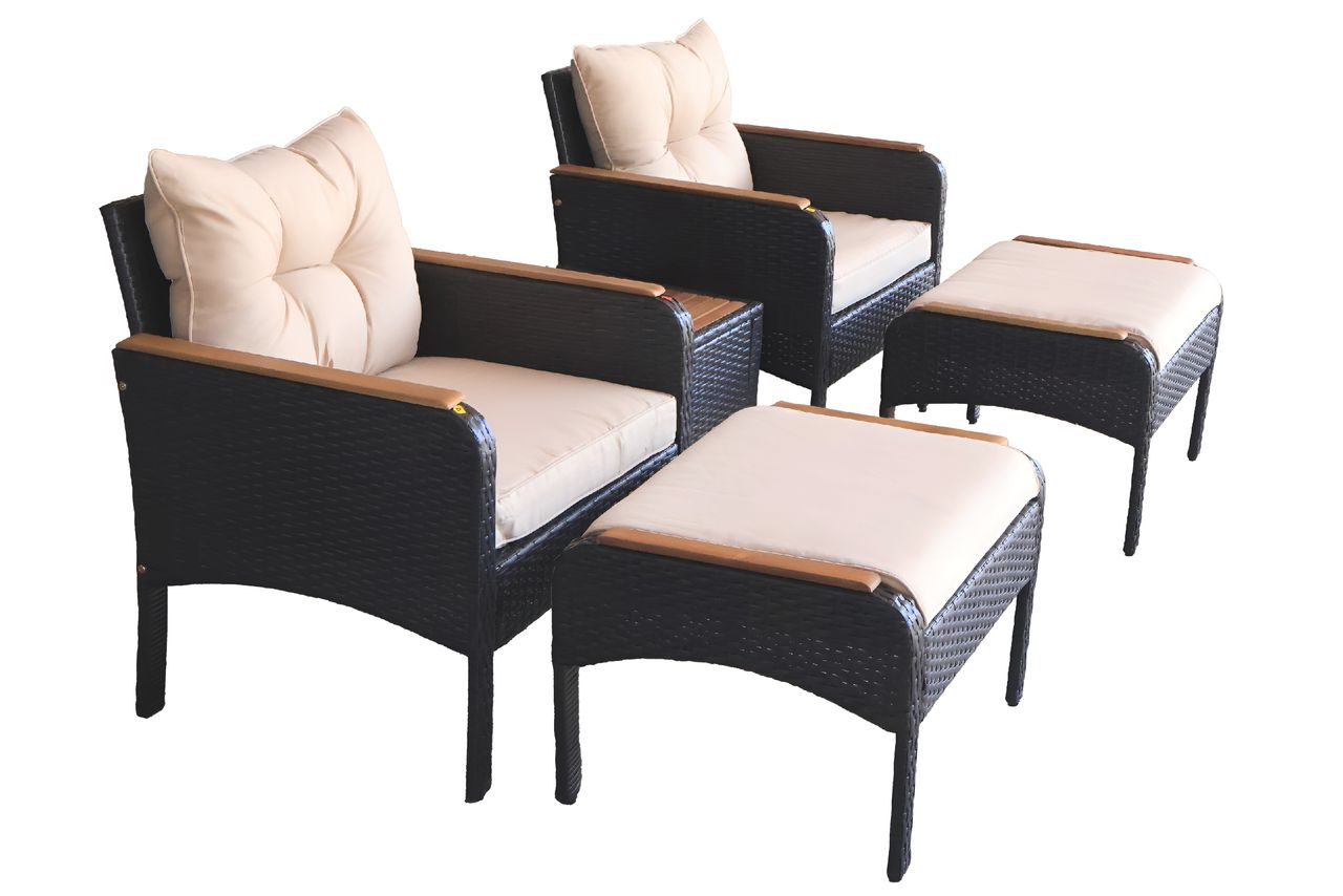 HC Garten & Freizeit Gartenmöbelset Rattan-Möbelset Gartenstuhl mit Hocker 5tlg. mit Armlehne aus Akazienholz - beige