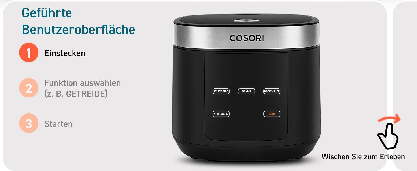 Cosori Multikocher CRC-R501-KEU + Zubehör, 970,00 W, 5,00 l Schüssel,Reis und Getreide, kochen, dämpfen, backen, Suppen, warmhalten, Timer