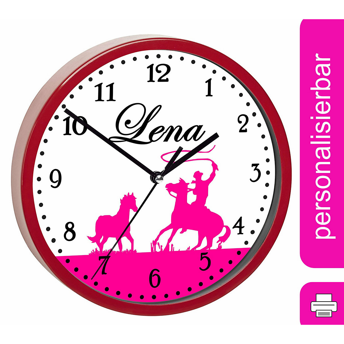 Kinder Wanduhr laufruhig personalisiert mit Name Pferde Cowboy Pink